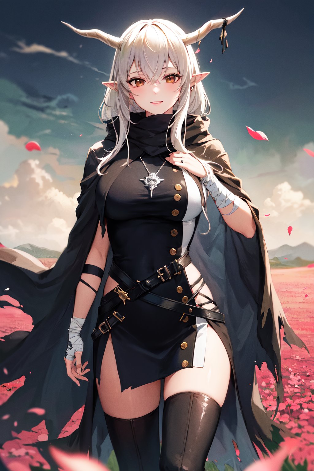 masterpiece, best quality, highres, aashining, long hair, white hair, horns, pointy ears, brown eyes, torn clothes, black cloak, necklace, jewelry, black dress, bandages, knee boots, <lora:shining_v1:0.7>, standing, cowboy shot, hand on hip, smile, petals, field, 