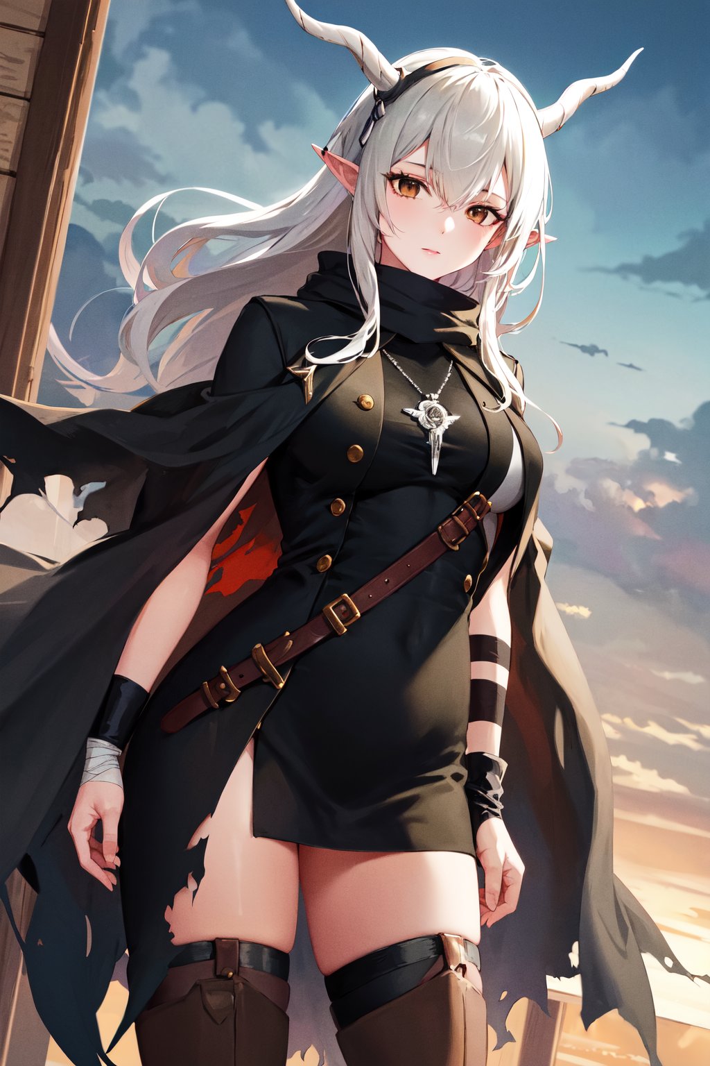 masterpiece, best quality, highres, aashining, long hair, white hair, horns, pointy ears, brown eyes, torn clothes, black cloak, necklace, jewelry, black dress, bandages, knee boots, <lora:shining_v1:0.7>, standing, cowboy shot, town,