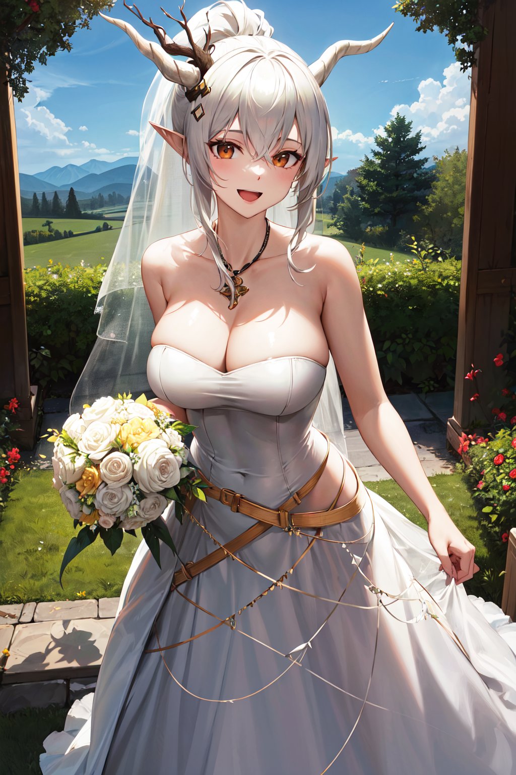 masterpiece, best quality, highres, aashining, long hair, white hair, ponytail, horns, horn ornament, pointy ears, large breasts, <lora:shining_v1:0.7>, strapless, wedding dress, garden, standing, holding bouquet, smile, open mouth, necklace, 