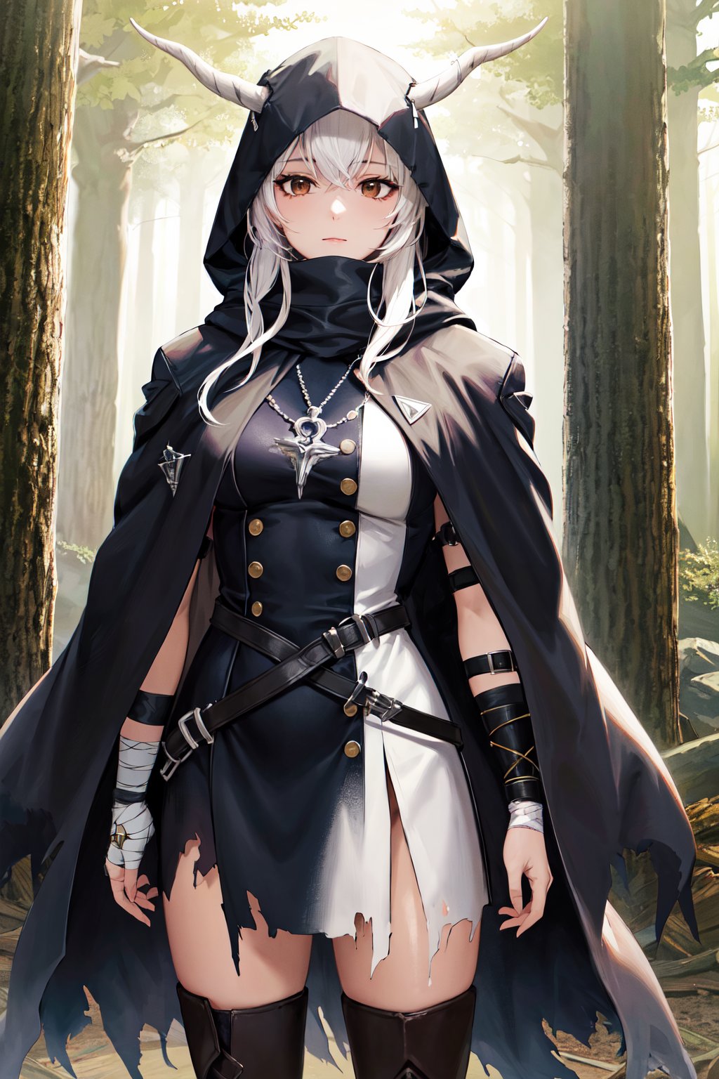 masterpiece, best quality, highres, aashining, long hair, white hair, horns, brown eyes, torn clothes, hood up, hooded cloak, black cloak, necklace, jewelry, black dress, bandages, knee boots, <lora:shining_v1:0.7>, standing, cowboy shot, standing, cowboy shot, forest,