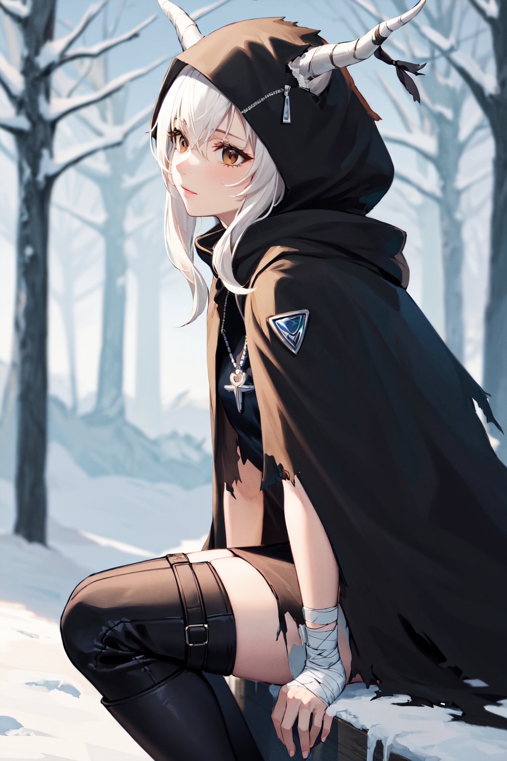 masterpiece, best quality, highres, aashining, long hair, white hair, horns, brown eyes, torn clothes, hood up, hooded cloak, black cloak, necklace, jewelry, black dress, bandages, knee boots, <lora:shining_v1:0.7>, from side, snow, outdoors, sitting