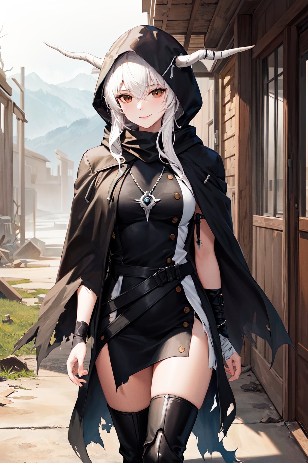 masterpiece, best quality, highres, aashining, long hair, white hair, horns, brown eyes, torn clothes, hood up, hooded cloak, black cloak, necklace, jewelry, black dress, bandages, knee boots, <lora:shining_v1:0.7>, ruins, walking, cowboy shot, smile, outdoors
