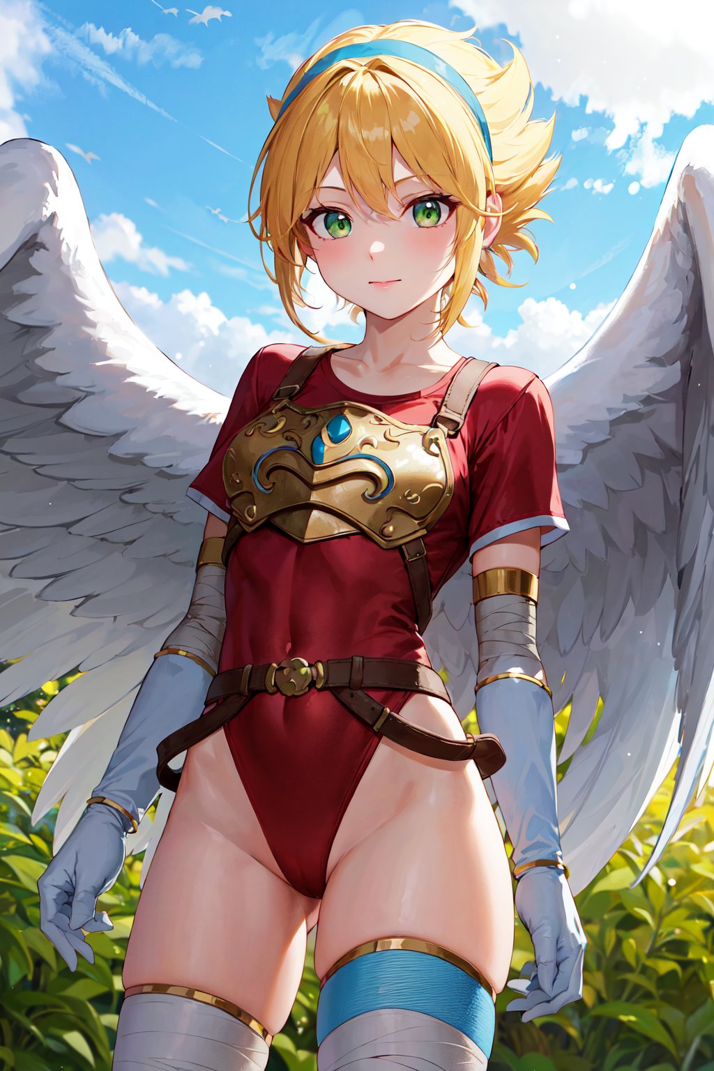 masterpiece, best quality, highres, aanina, blonde hair, short hair, floating hair, hairband, green eyes, feathered wings, white wings, armor, red leotard, red shirt, belt, elbow gloves, white gloves, bandages, thighhighs, <lora:nina_bof1_v1:0.8>, cowboy shot, standing, outdoors, arms at sides