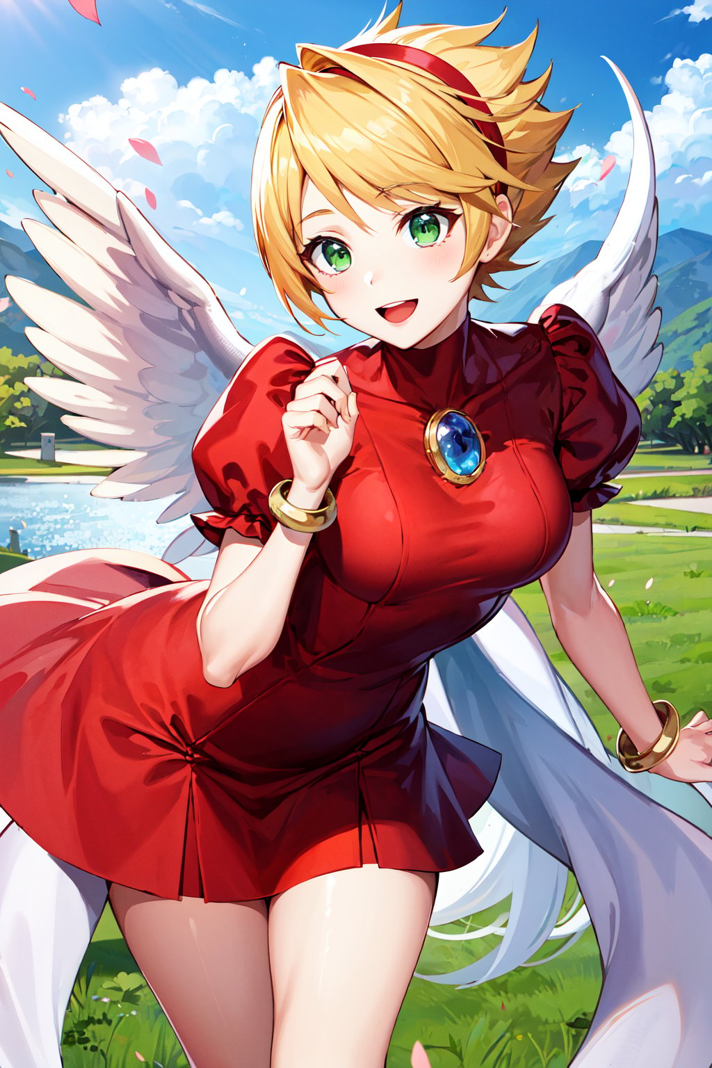 masterpiece, best quality, highres, ccnina, blonde hair, short hair, (floating hair:1.1), hairband, green eyes, white wings, feathered wings, red dress, brooch, puffy sleeves, bracelet, <lora:nina_bof3_v1:0.7>, cherry blossoms, outdoors, smile, open mouth, bent over, standing