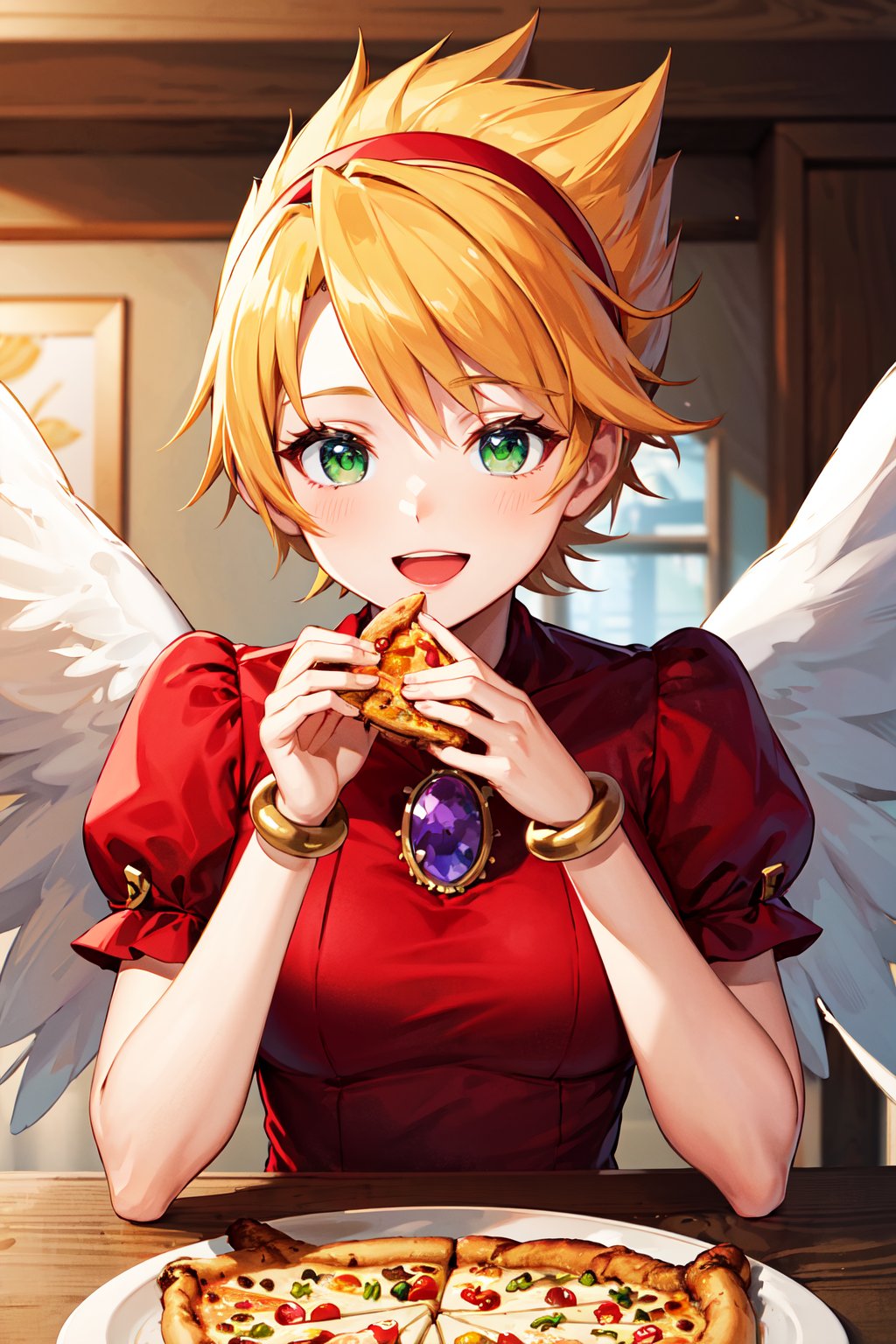 masterpiece, best quality, highres, ccnina, blonde hair, short hair, (floating hair:1.1), hairband, green eyes, white wings, feathered wings, red dress, brooch, puffy sleeves, bracelet, <lora:nina_bof3_v1:0.7>, smile, eating, pizza, indoor, sitting, upper body, open mouth, 