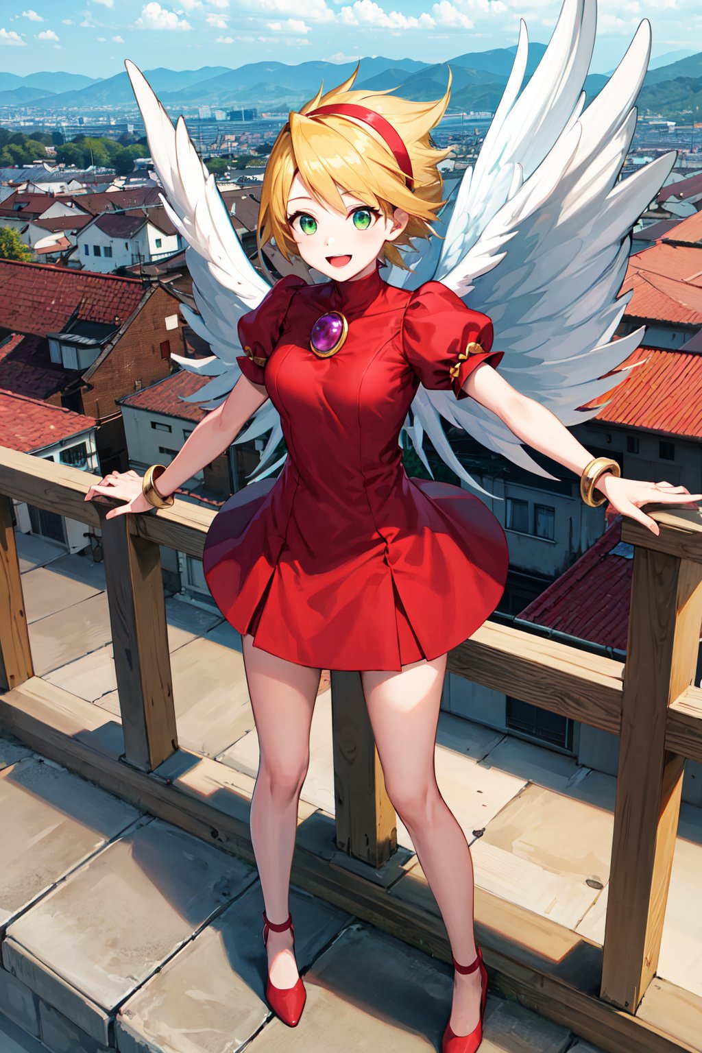 masterpiece, best quality, highres, ccnina, blonde hair, short hair, (floating hair:1.1), hairband, green eyes, white wings, feathered wings, red dress, brooch, puffy sleeves, bracelet, <lora:nina_bof3_v1:0.7>, standing, rooftop, outstretched arms, smile, open mouth, city, wind