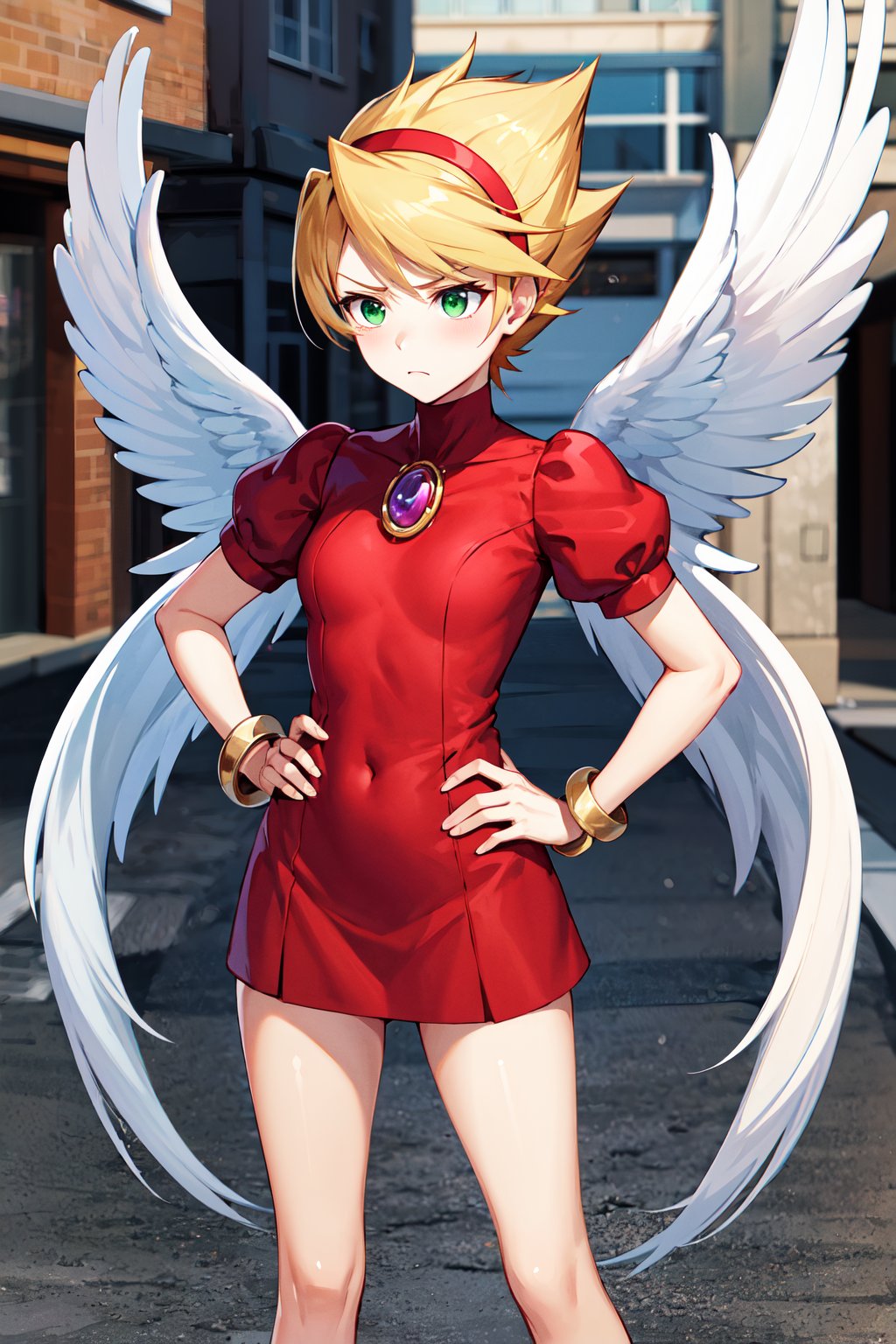 masterpiece, best quality, highres, ccnina, blonde hair, short hair, (floating hair:1.1), hairband, green eyes, white wings, feathered wings, red dress, brooch, puffy sleeves, bracelet, <lora:nina_bof3_v1:0.7>, hand on hip, frown, street,