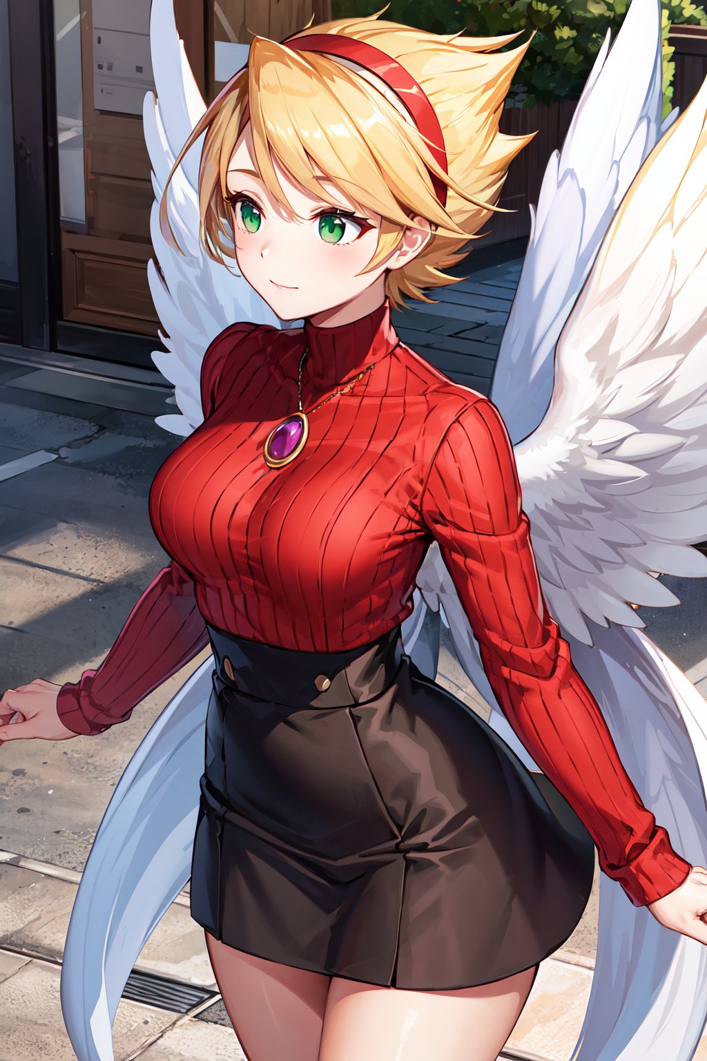 masterpiece, best quality, highres, ccnina, blonde hair, short hair, (floating hair:1.1), hairband, green eyes, white wings, feathered wings, <lora:nina_bof3_v1:0.7>, sweater, high-waist skirt, street,