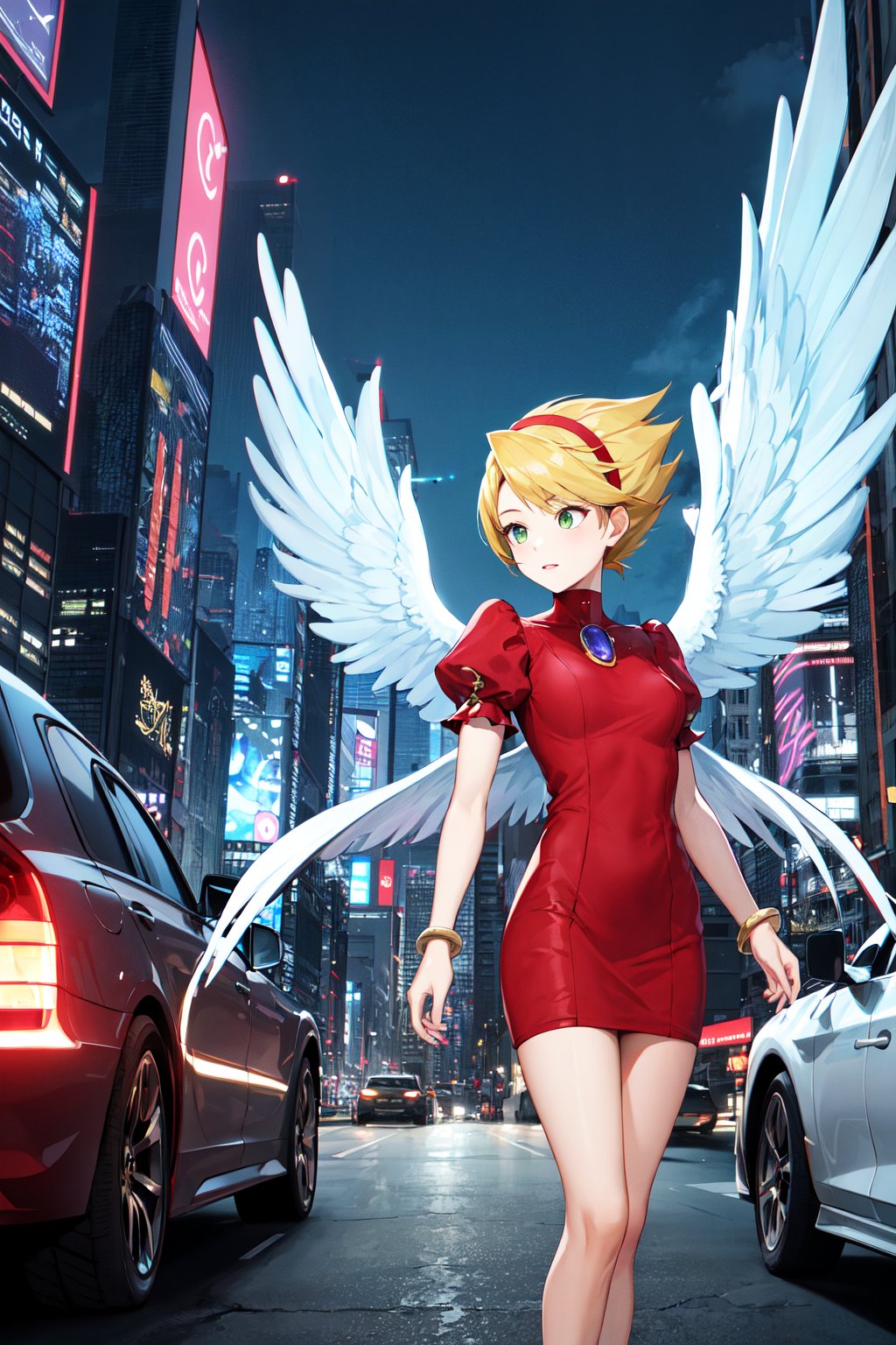 masterpiece, best quality, highres, ccnina, blonde hair, short hair, (floating hair:1.1), hairband, green eyes, white wings, feathered wings, red dress, brooch, puffy sleeves, bracelet, <lora:nina_bof3_v1:0.7>, night, standing, cyberpunk, city, car