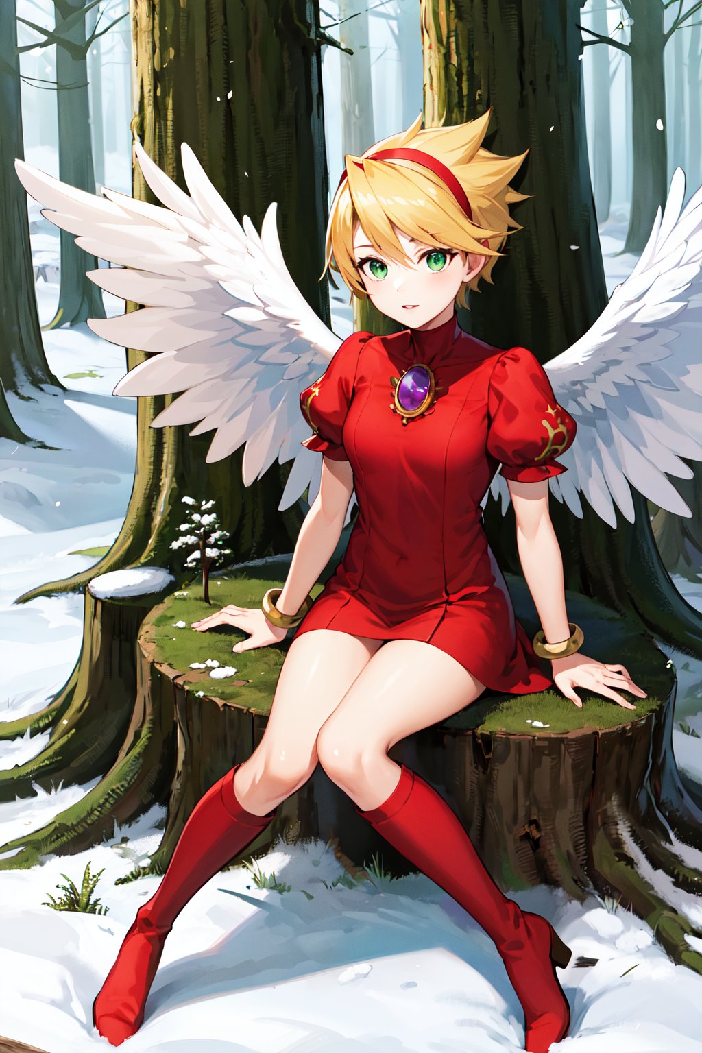 masterpiece, best quality, highres, ccnina, blonde hair, short hair, (floating hair:1.1), hairband, green eyes, white wings, feathered wings, red dress, brooch, puffy sleeves, bracelet, <lora:nina_bof3_v1:0.7>, forest, sitting, tree stump, snow, boots, looking at viewer, 