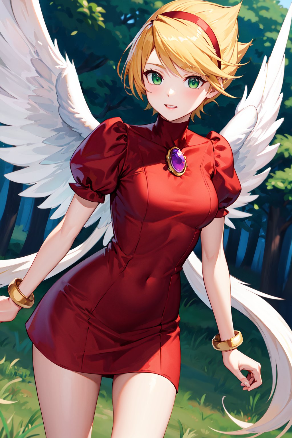 masterpiece, best quality, highres, ccnina, blonde hair, short hair, (floating hair:1.1), hairband, green eyes, white wings, feathered wings, red dress, brooch, puffy sleeves, bracelet, <lora:nina_bof3_v1:0.7>, standing, cowboy shot, outdoors, looking at viewer, 