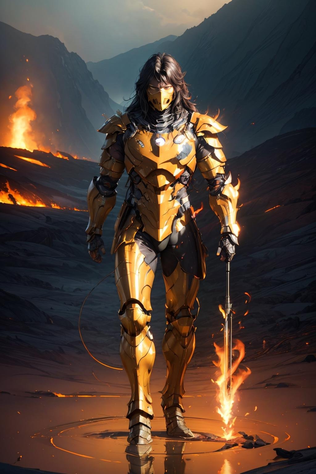 <lora:Scorpion_v1:0.7>Masterpiece, best quality, (highly detailed raw photo:1.2), 8k render in octane, volumetric lighting, volumetric shadows  <lora:more_details:0.6>portrait of a man in a  yellow costume, ((full body view)), (armor reflexions:1.2), attack posture, long hairsurrounded by fire and lava, mountains with lava in the background 