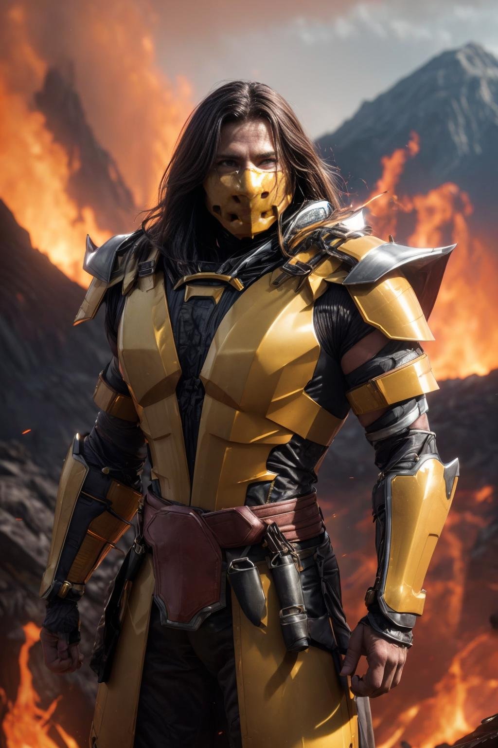 design, interrior, interriordesign <lora:Scorpion_v1:0.7>Masterpiece, best quality, (highly detailed raw photo:1.2), 8k render in octane, volumetric lighting, volumetric shadows  <lora:more_details:0.6>portrait of a man in a  yellow costume, (armor reflexions:1.2), attack posture, long hairsurrounded by fire and lava, mountains with lava in the background 