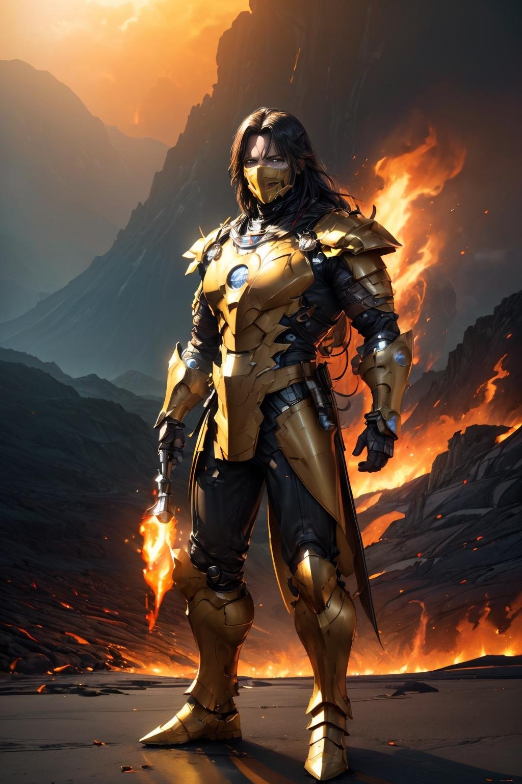 <lora:Scorpion_v1:0.7>Masterpiece, best quality, (highly detailed raw photo:1.2), 8k render in octane, volumetric lighting, volumetric shadows  <lora:more_details:0.6>portrait of a man in a  yellow costume, ((full body view)), (armor reflexions:1.2), attack posture, long hairsurrounded by fire and lava, mountains with lava in the background 