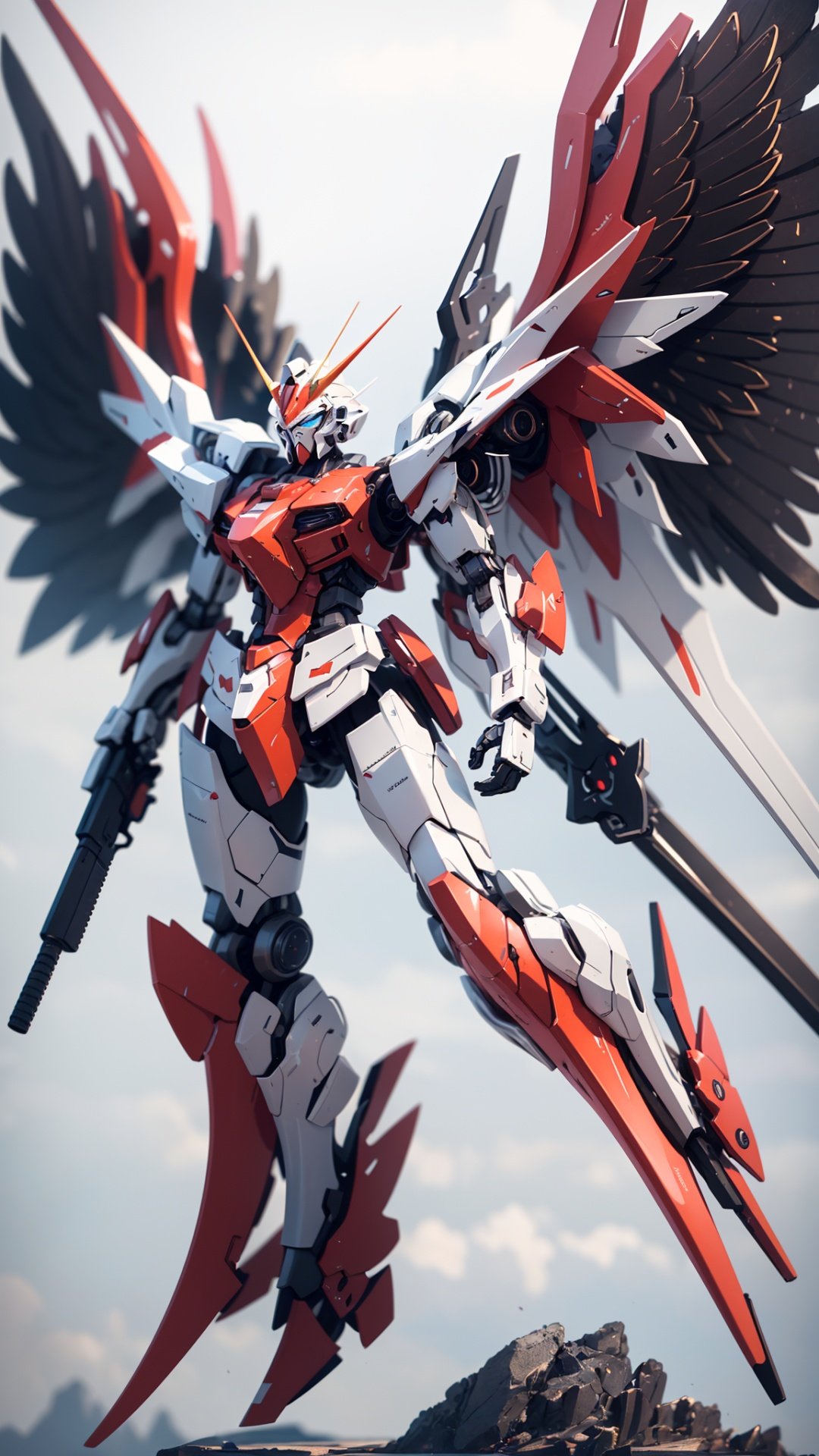 Hyperrealistic art BJ_Gundam,wings,solo,blue_eyes,weapon,wings,gun,no_humans,glowing,robot,mecha,clenched_hands,floating,science_fiction,mechanical_wings,v-fin,cinematic lighting,strong contrast,high level of detail,Best quality,masterpiece,White background,. Extremely high-resolution details,photographic,realism pushed to extreme,fine texture,incredibly lifelike,<lora:Gundam_Mecha_v5.2:0.6>,