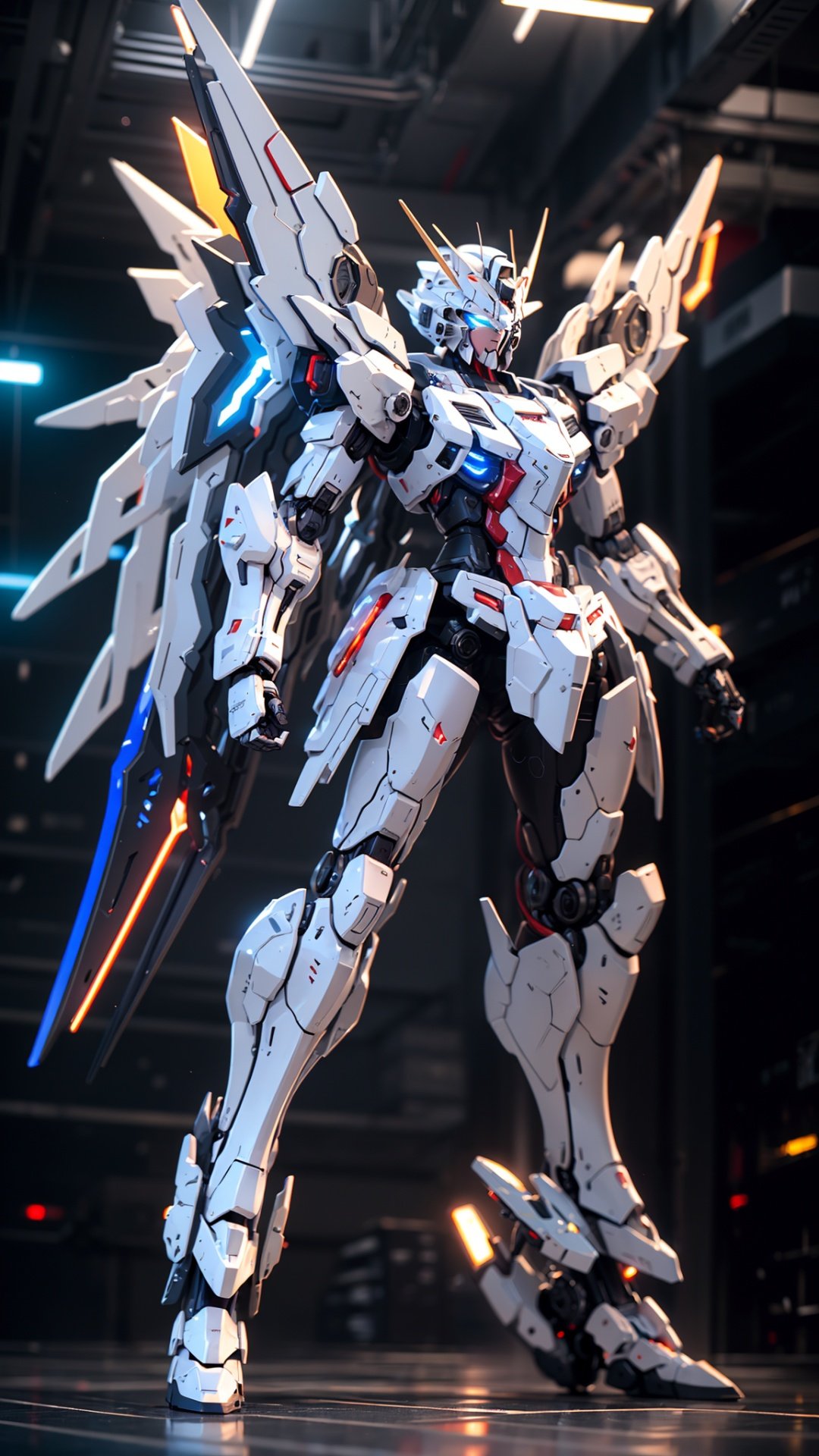 BJ_Gundam, wings, solo, blue_eyes, weapon, wings, gun, no_humans, glowing, robot, mecha, clenched_hands, floating, science_fiction, mechanical_wings, v-fin,cinematic lighting,strong contrast,high level of detail,Best quality,masterpiece,White background,. Extremely high-resolution details,photographic,realism pushed to extreme,fine texture,incredibly lifelike,<lora:Gundam_Mecha_v5.2:0.7>,