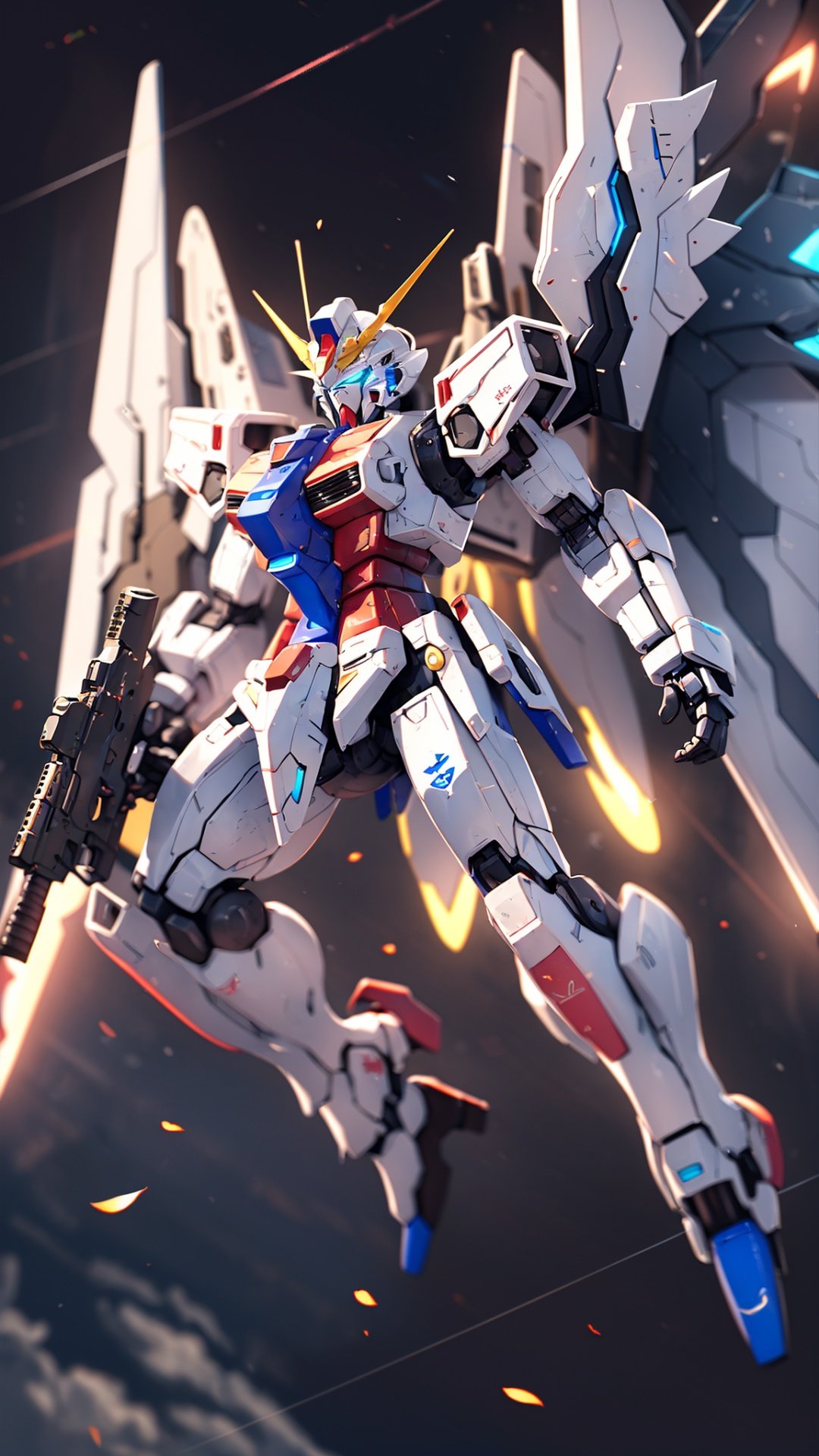 Hyperrealistic art BJ_Gundam,wings,solo,blue_eyes,holding,weapon,holding_weapon,gun,no_humans,glowing,robot,holding_gun,mecha,glowing_eyes,floating,flying,science_fiction,space,v-fin,energy_gun,mobile_suit,beam_rifle,cinematic lighting,strong contrast,high level of detail,Best quality,masterpiece,White background,. Extremely high-resolution details,photographic,realism pushed to extreme,fine texture,incredibly lifelike,<lora:Gundam_Mecha_v5.2:0.6>, . Extremely high-resolution details, photographic, realism pushed to extreme, fine texture, incredibly lifelike