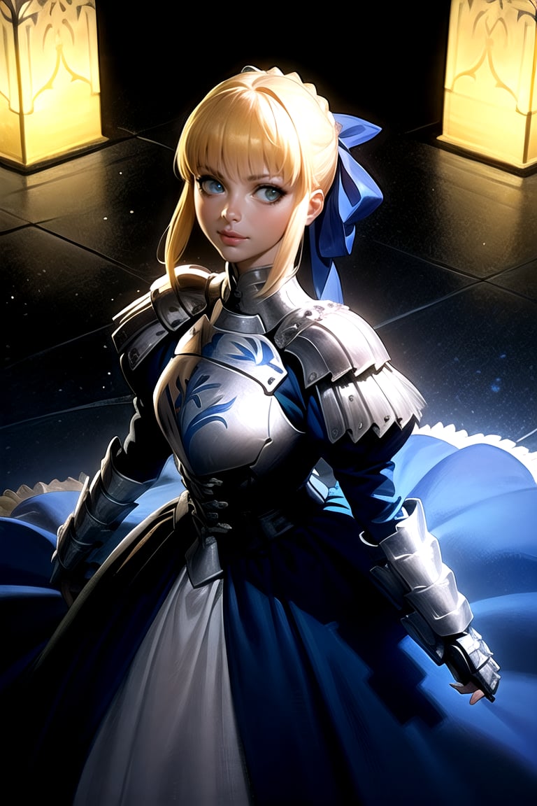 masterpiece, absurdres, best quality ,intricate details, from above,night time ,Don't look at view , 1girl, silver armor, armored dress, (artoria pendragon \(fate\), blonde hair, blue dress, blue ribbon, braid, dress,\(fate/stay night\), faulds, gauntlets, glowing, green eyes, hair between eyes, hair ribbon, juliet sleeves, long sleeves, puffy sleeves, ribbon, saber, solo, standing, blonde hair, armor, (fate/stay night), green eyes, gauntlets, dress, armored dress, hair ribbon, ribbon,AGGA_ST022