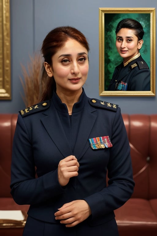 masterpiece, best quality, <lora:KareenaKapoor:1> KareenaKapoor, by [frederic bazille:masamune shirow:0.56] intricate realistic photo, lifelike composition,(in action:1.3), as navy officer, giving interview