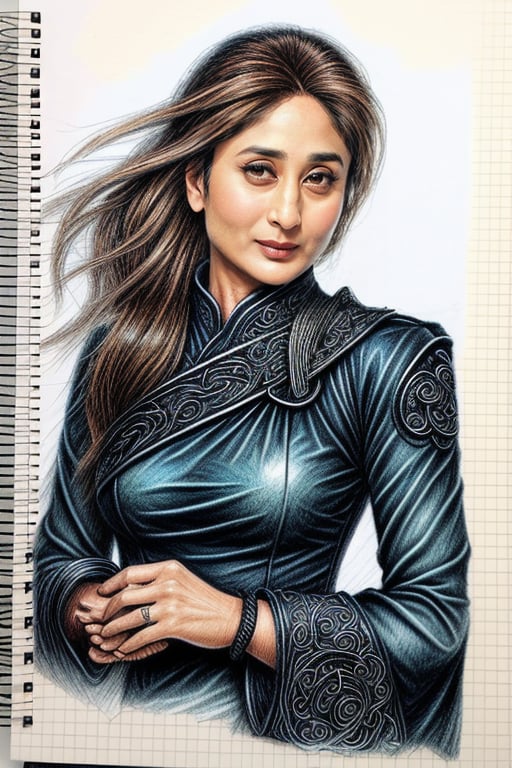 masterpiece, best quality, <lora:KareenaKapoor:1> KareenaKapoor, by [osamu tezuka:dada:0.56] intricate realistic pencil drawing on spiral bound notebook, color pencil art, cosplay as Kasumi in Dead or Alive 2