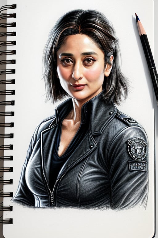 masterpiece, best quality, <lora:KareenaKapoor:1> KareenaKapoor, by [edward hopper:winslow homer:0.56] intricate realistic pencil drawing on spiral bound notebook, color pencil art, cosplay as Jill Valentine in Resident Evil