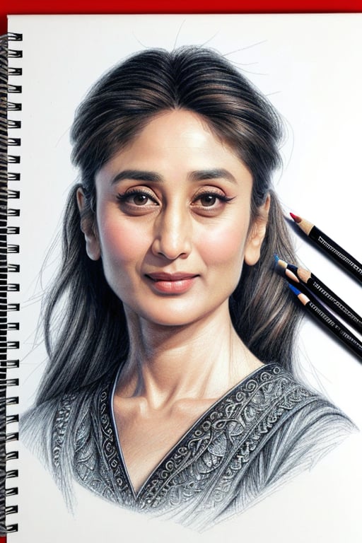 masterpiece, best quality, <lora:KareenaKapoor:1> KareenaKapoor, by [diego velázquez:mariko mori:0.56] intricate realistic pencil drawing on spiral bound notebook, color pencil art