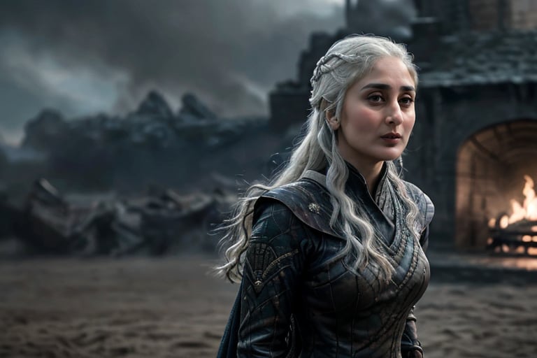 masterpiece, best quality, <lora:KareenaKapoor:1> KareenaKapoor, by [claude monet:lilla cabot perry:0.56] intricate realistic photo, lifelike composition,(in action:1.3), as (Daenerys Targaryen), Game of Thrones, dragon breathing fire in background