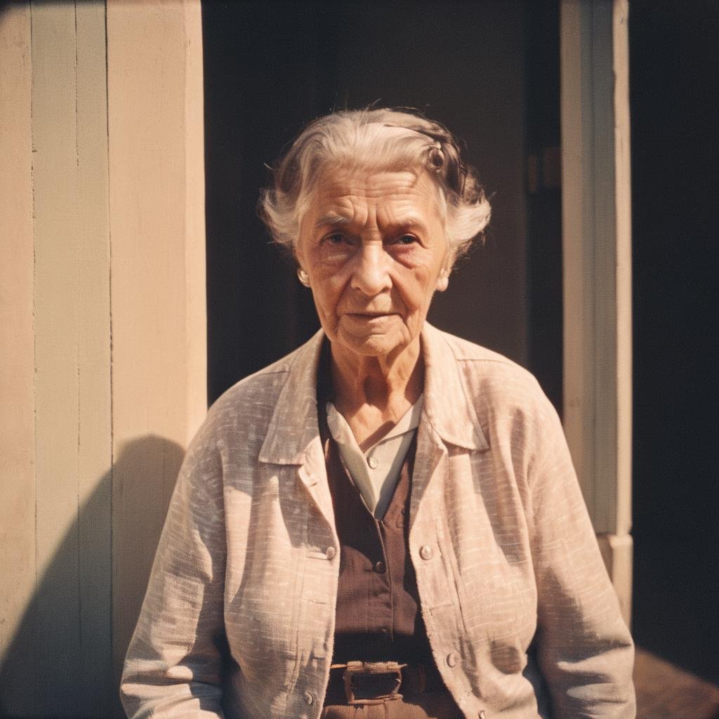 Vintage Photograph, Elderly Woman Portrait, Analog Film, Wearing Time-worn Clothes, 1950s, Soft Lighting, Wrinkled Skin Texture, Simple Background, Rule of Thirds Composition, Visible Grain, Shallow Focus, Amelia Earhar,analog, AnalogRedmAF,<lora:AnalogRedmondV2-Analog-AnalogRedmAF:1>