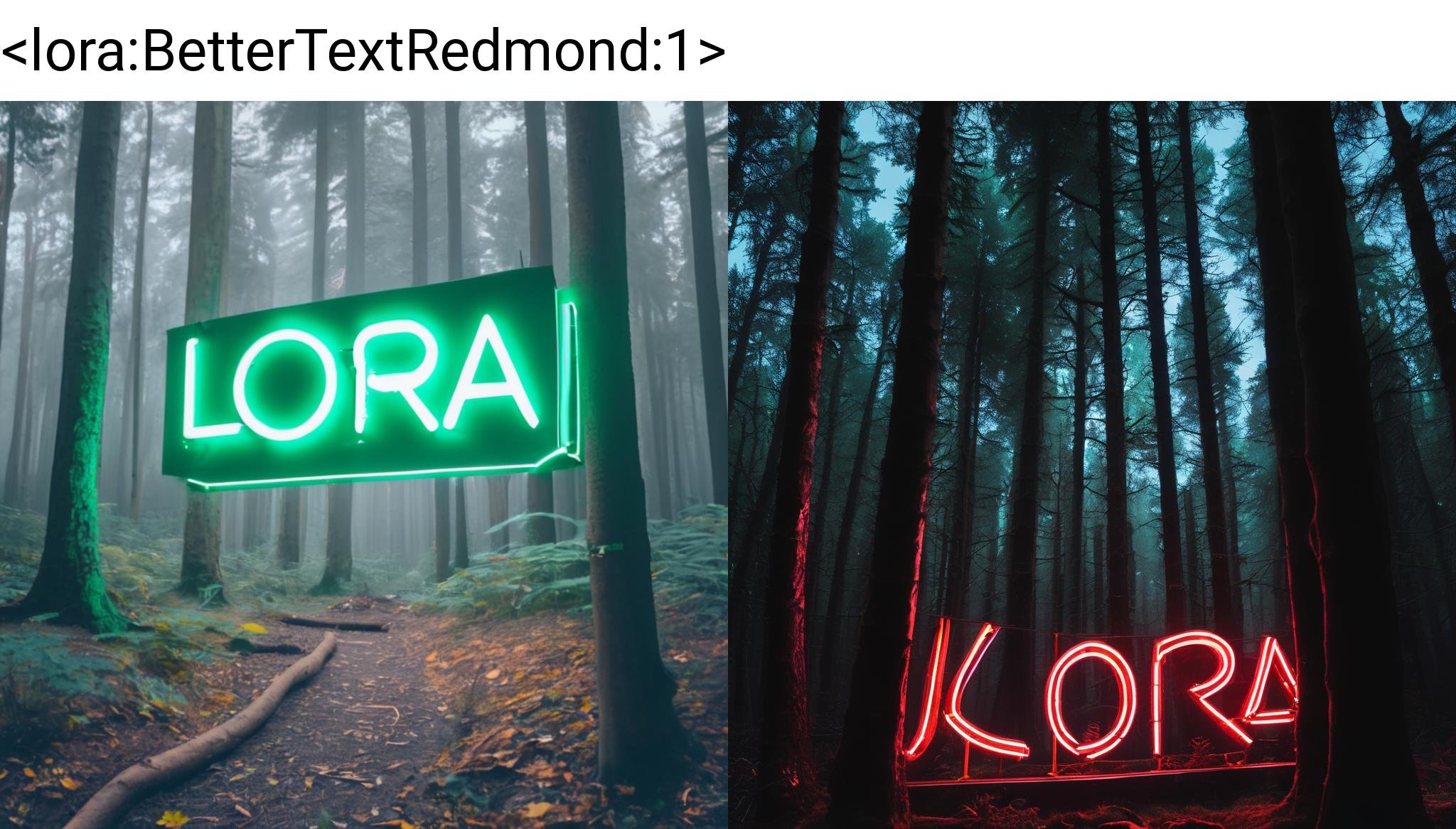 A neon sign that have "LORA" write on it in a forest <lora:BetterTextRedmond:1>