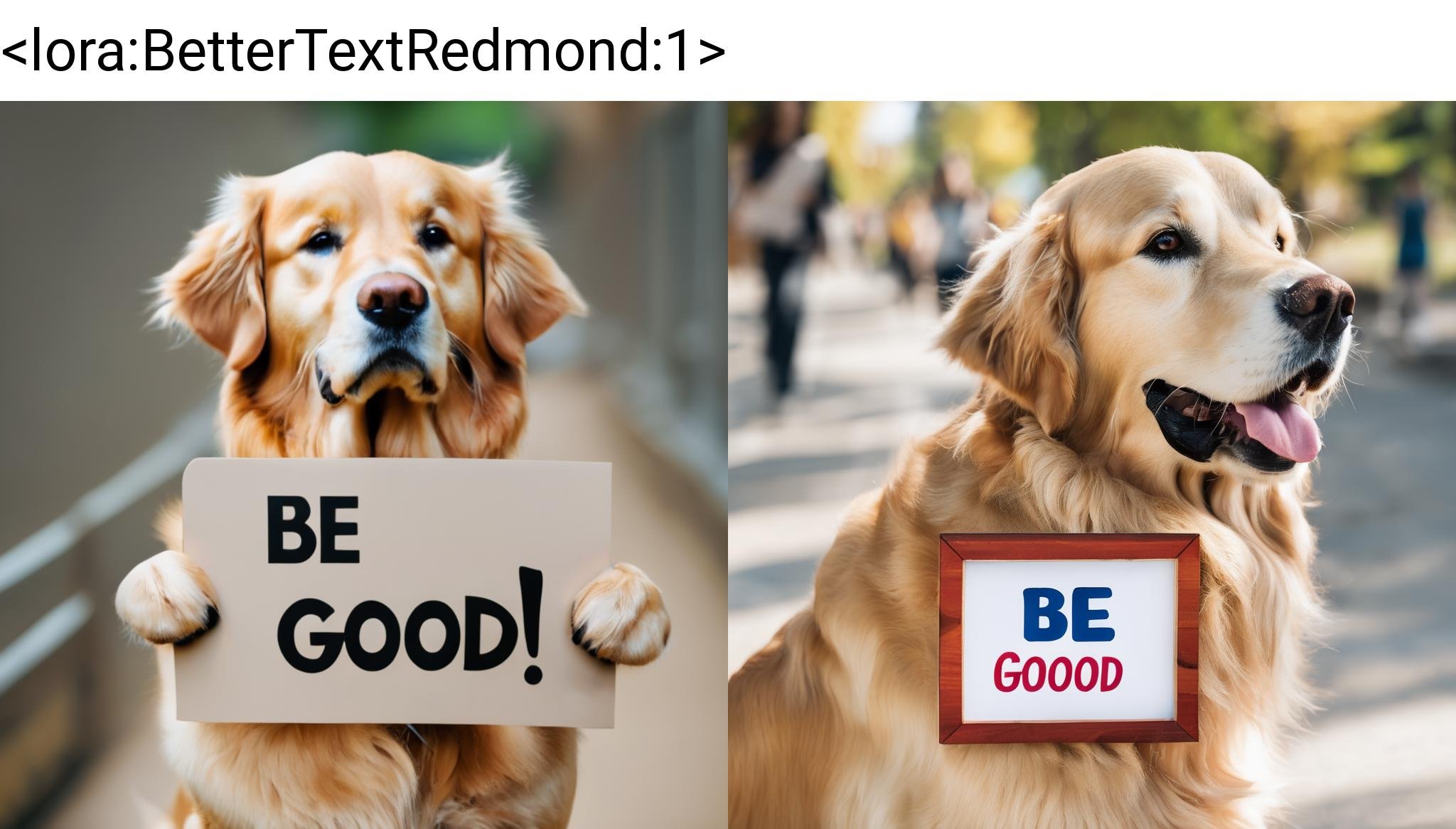A golden retriever holding a sign with "BE GOOD" on it, <lora:BetterTextRedmond:1>