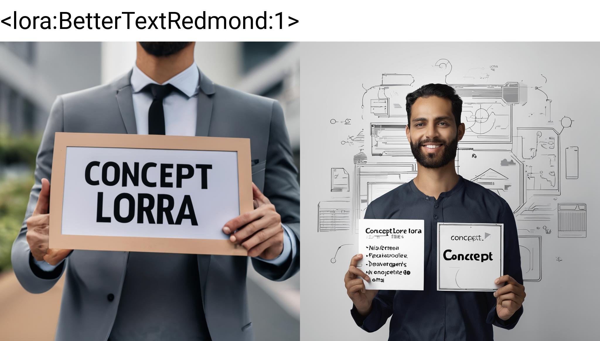 A man holding a sign that say "CONCEPT LORA", "CONCEPT LORA", <lora:BetterTextRedmond:1>