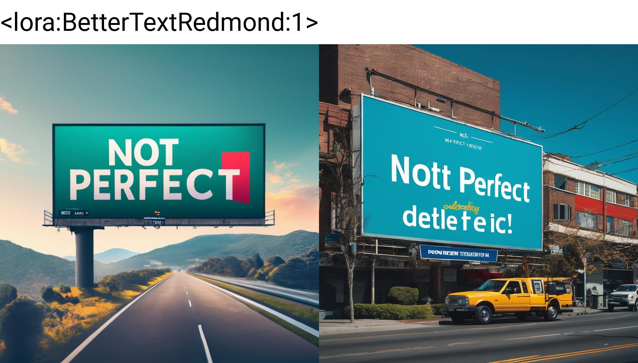 A BILLBOARD WITH "NOT PERFECT" on it, <lora:BetterTextRedmond:1>