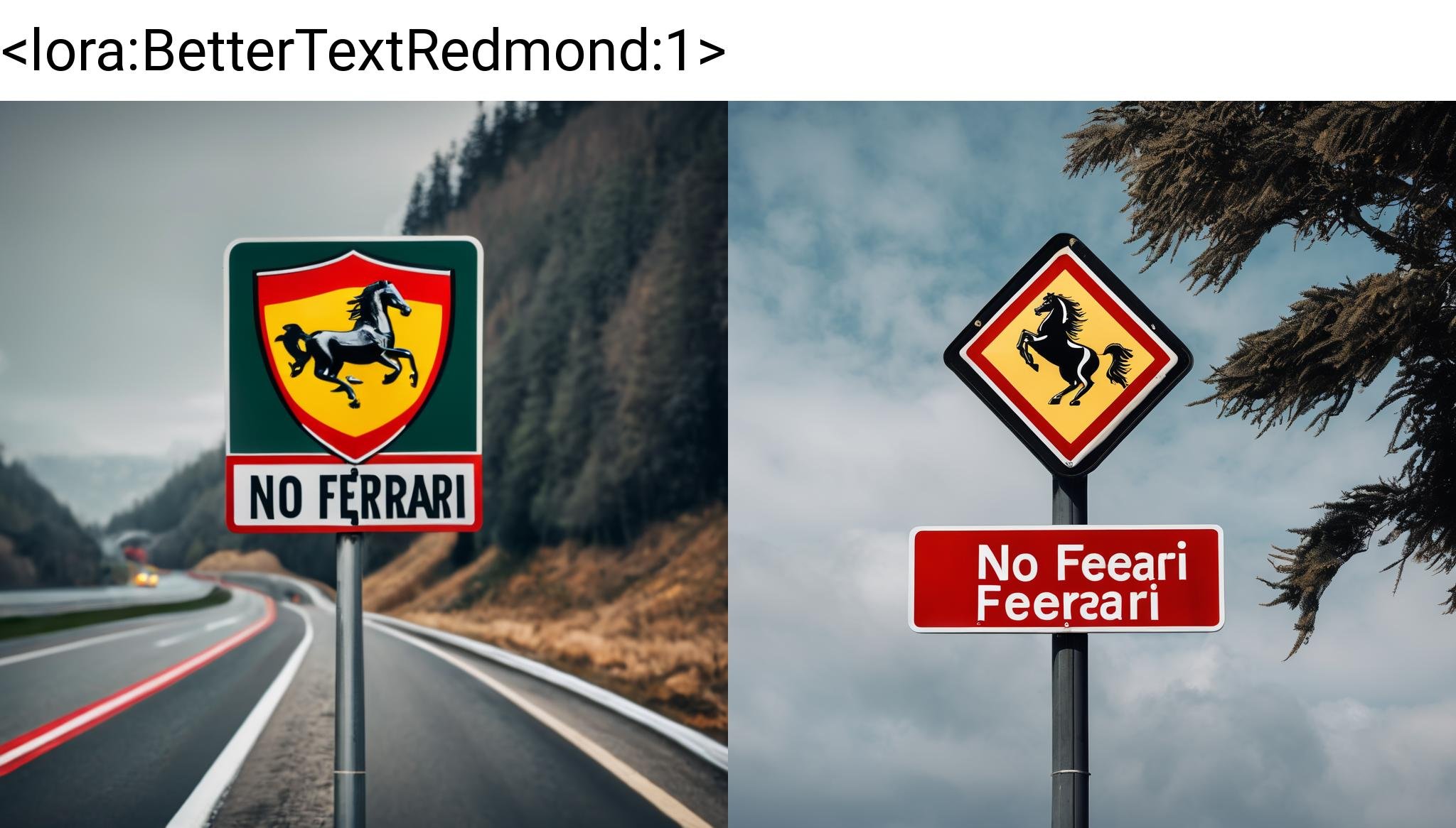 A road sign with "NO FERRARI" on it, "NO FERRARI", <lora:BetterTextRedmond:1>