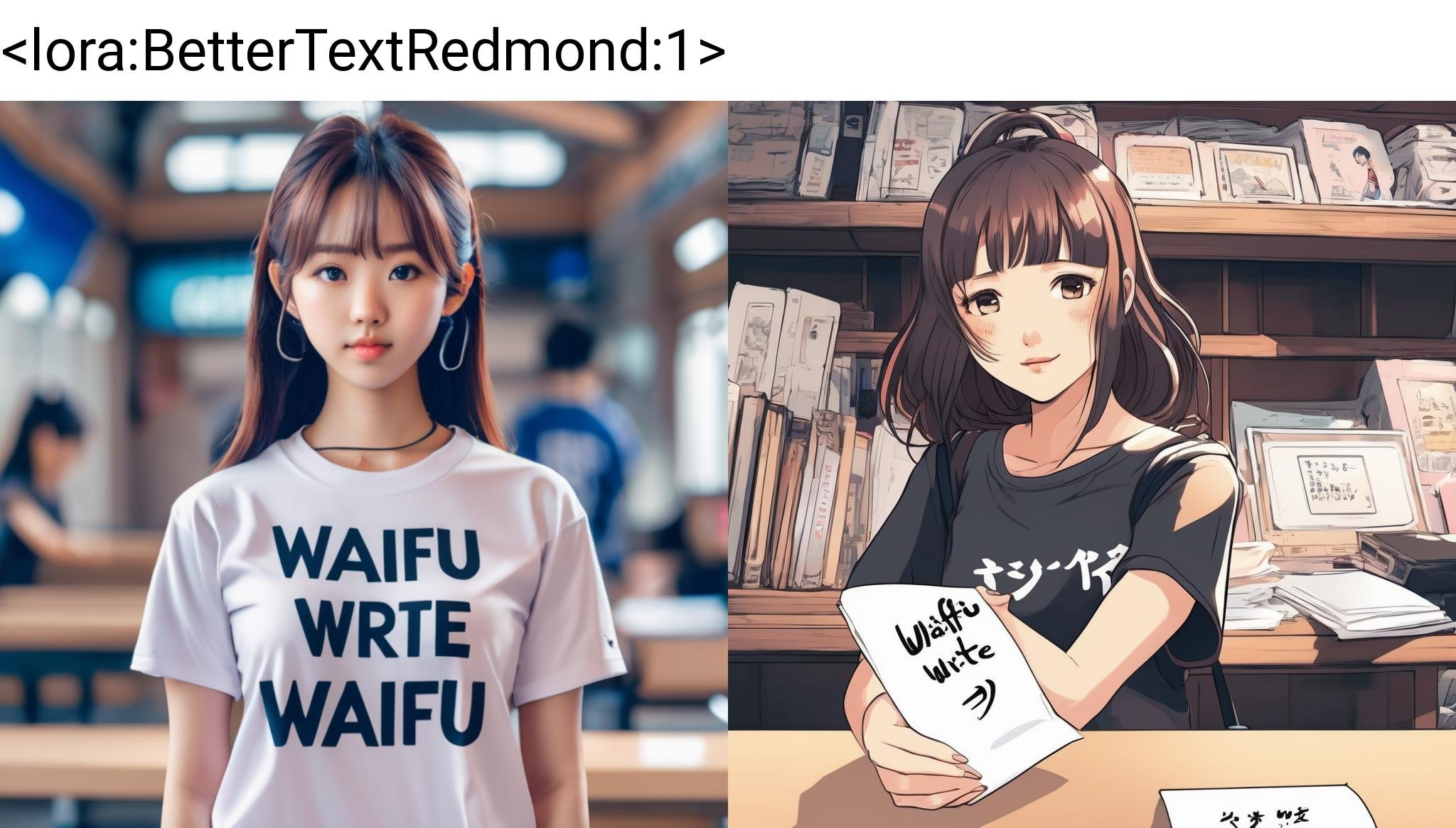 An asian  girl with a t-shirt that have "WAIFU" write on it, "WAIFU" write,  anime style, anime  <lora:BetterTextRedmond:1>