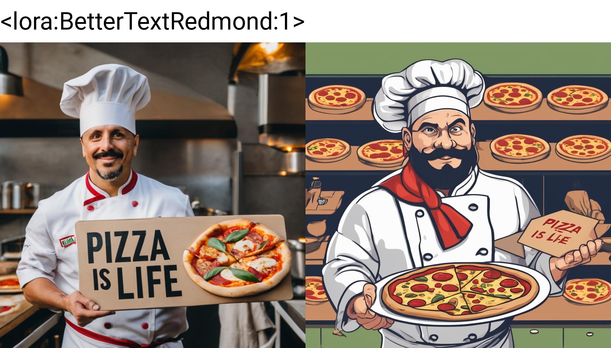 A italian chef holding a sign that say "PIZZA IS LIF", "PIZZA IS LIFE" <lora:BetterTextRedmond:1>