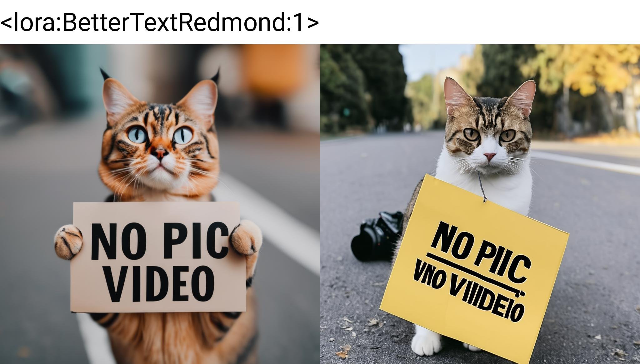 A cat holding a sign with "NO PIC NO VIDEO" on it, <lora:BetterTextRedmond:1>