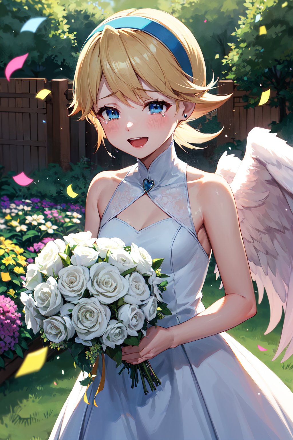 masterpiece, best quality, highres, ddnina, blonde hair, short hair, swept bangs, hairband, blue eyes, angel wings, white wings, <lora:nina_bof4_v1:0.7>, wedding dress, white dress, sleeveless, garden, standing, confetti, smile, open mouth, tears, holding bouquet, upper body, jewelry, 