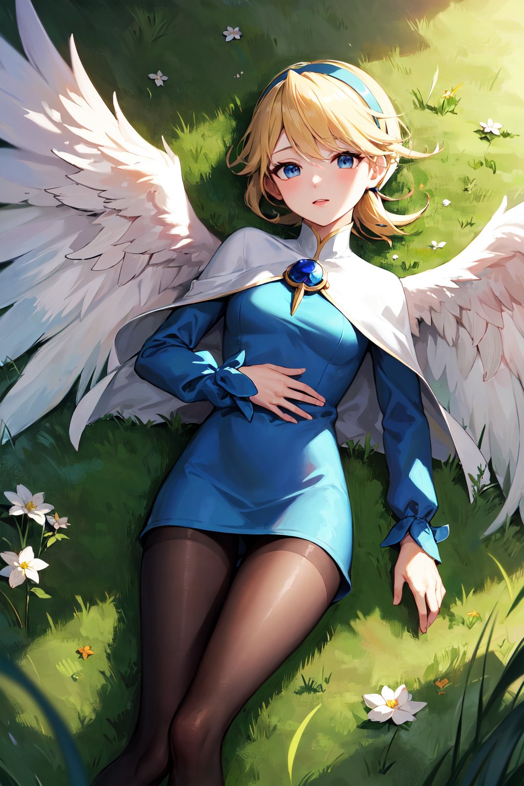 masterpiece, best quality, highres, ddnina, blonde hair, short hair, swept bangs, hairband, blue eyes, angel wings, white wings, white capelet, brooch, blue dress, long sleeves, black pantyhose, <lora:nina_bof4_v1:0.7>, lying, grass, from above, 
