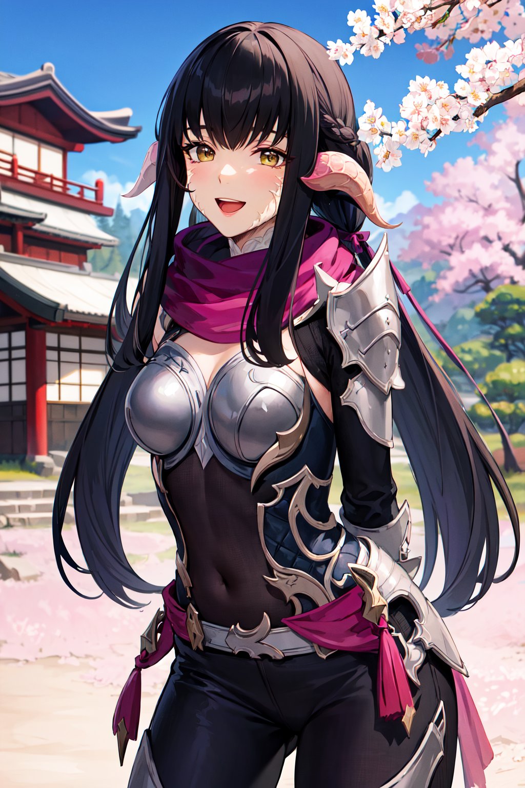 masterpiece, best quality, highres, aayugiri, long hair, black hair, blunt bangs, horns, scales, purple scarf, shoulder armor, japanese armor, gloves, pants, <lora:yugiri_mistwalker_v1:0.7>, smile, open mouth, outdoors, standing, cowboy shot, leaning forward, arms behind back, cherry blossoms, 