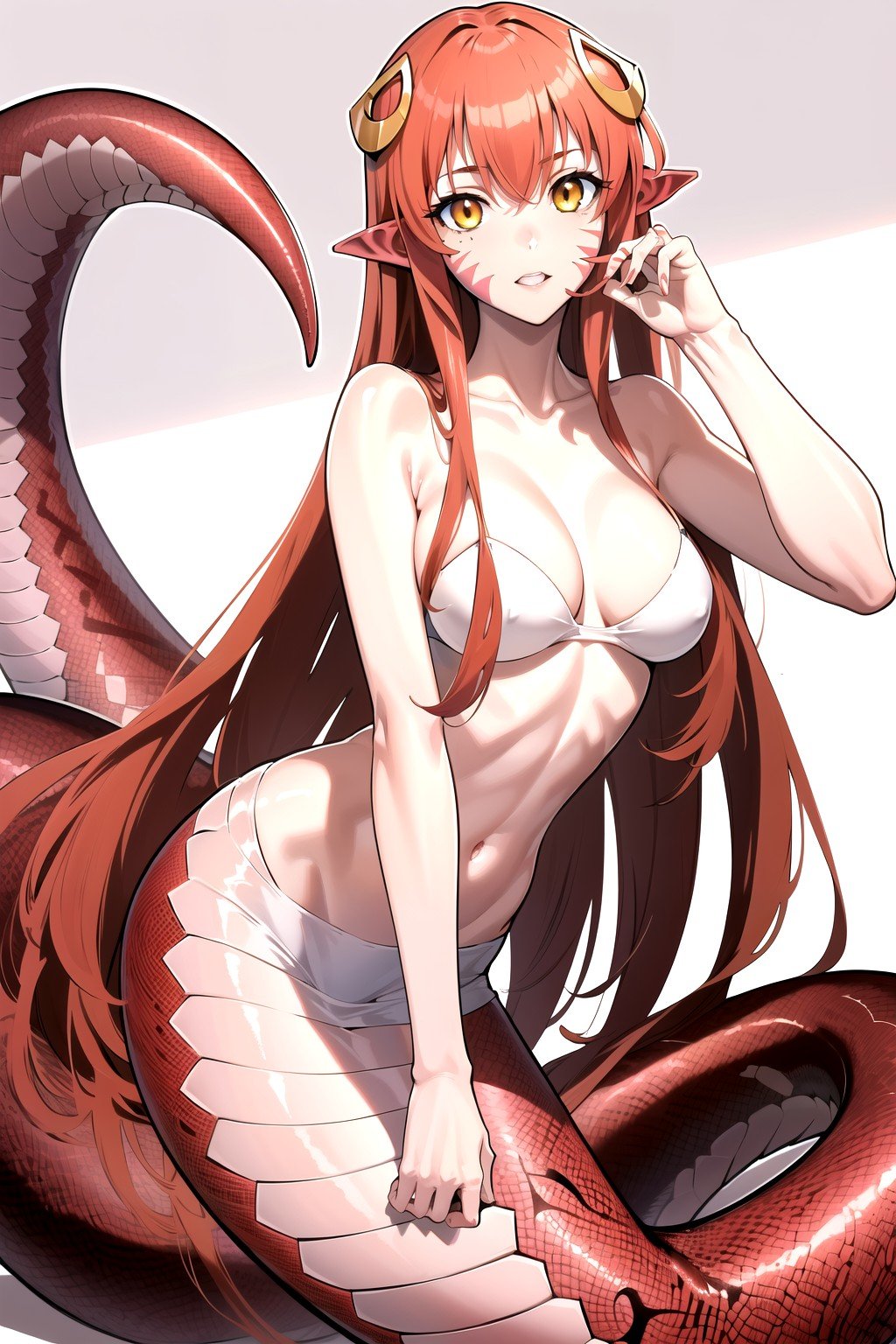 (masterpiece, best quality, highres), 1girl, solo,miia, miia \(monster musume\), lamia,facial mark, monster girl, hair ornament, pointy ears,yellow eyes, red hair, long hair, slit pupils,<lora:miia11:0.7>