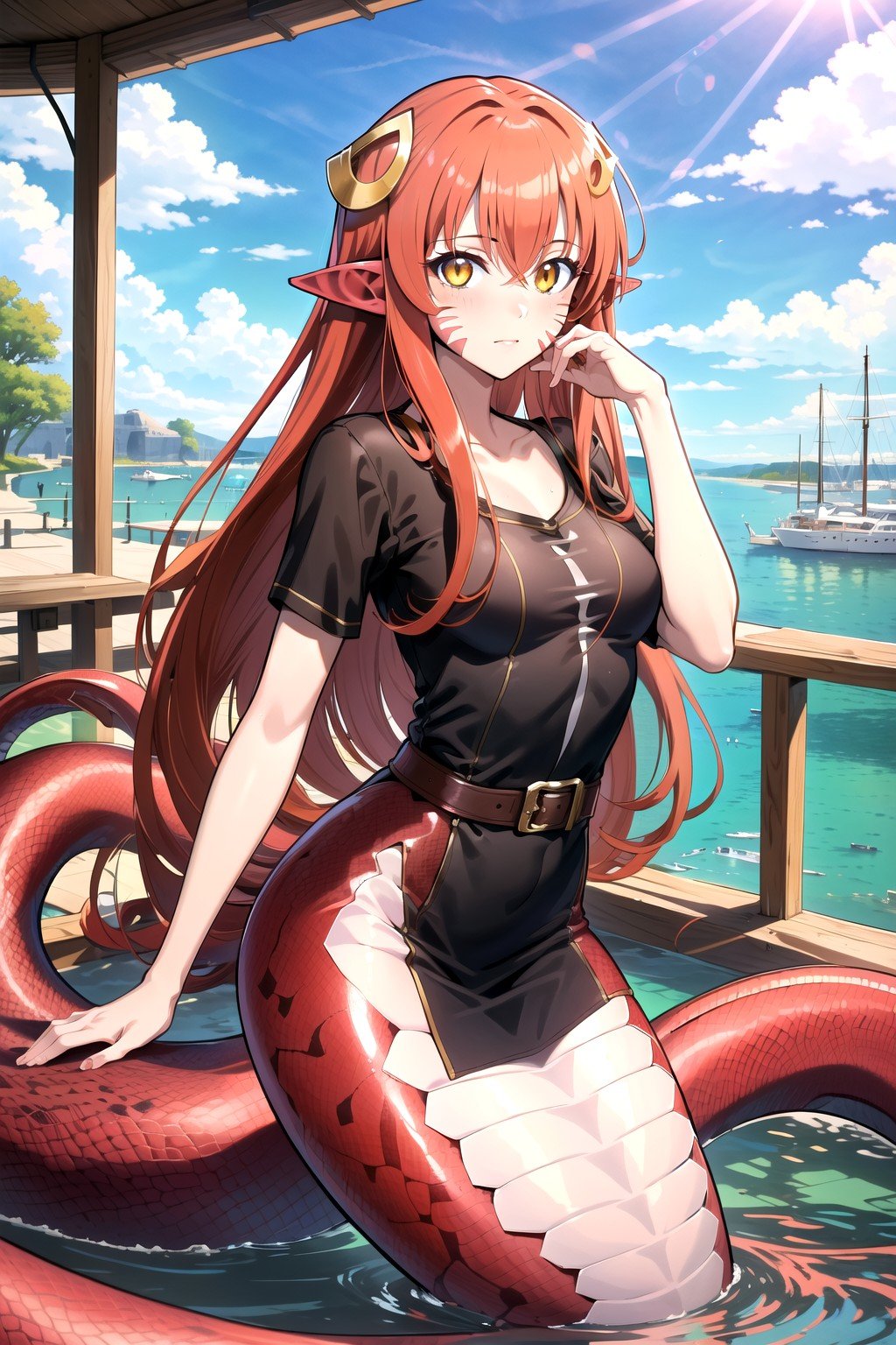 (masterpiece, best quality, highres), 1girl, solo,outdoors, scenery, looking at viewer, blush,miia, miia \(monster musume\), lamia,facial mark, monster girl, hair ornament, pointy ears,yellow eyes, red hair, long hair, slit pupils,<lora:miia11:0.7>