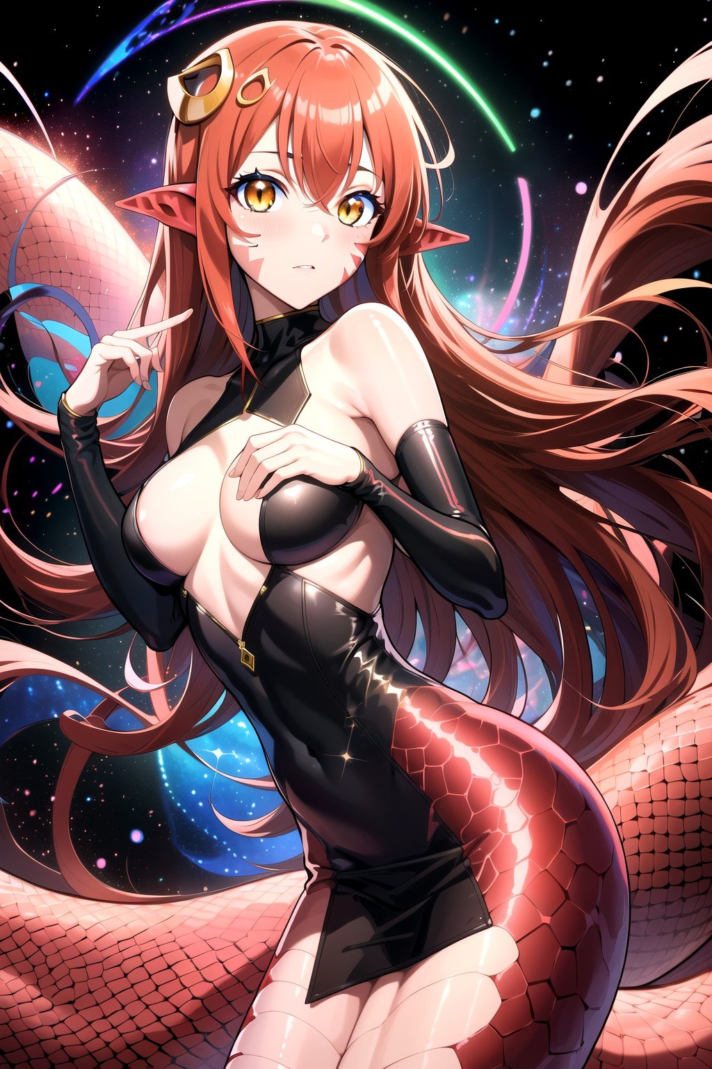 (masterpiece, best quality, highres), 1girl, solo,supernova, abstract, abstract background, (bloom, swirling lights, light particles),fire, galaxy, floating, romanticized, blush, looking at viewer,miia, miia \(monster musume\), lamia,facial mark, monster girl, hair ornament, pointy ears,yellow eyes, red hair, long hair, slit pupils,<lora:miia11:0.7>