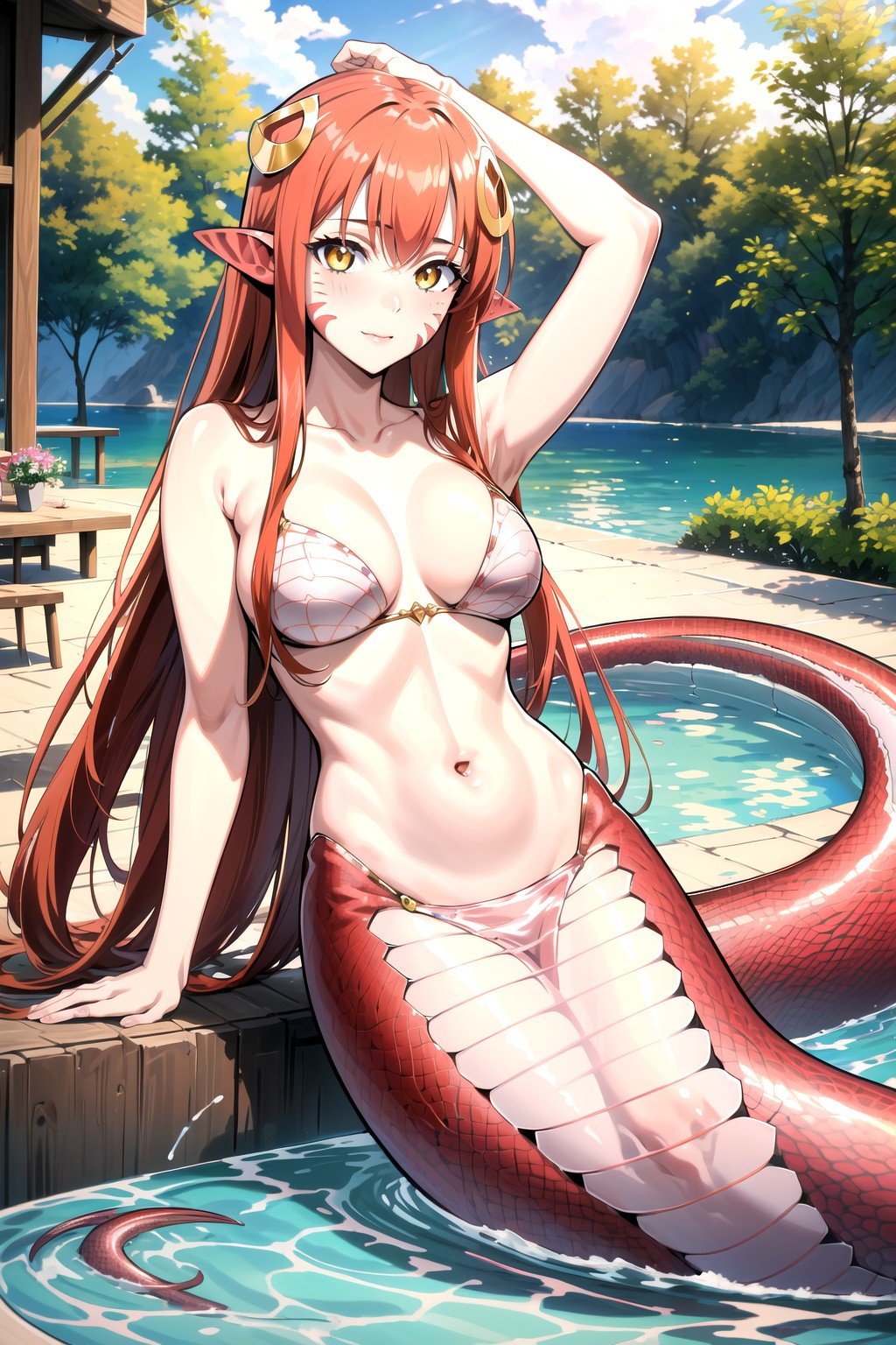 (masterpiece, best quality, highres), 1girl, solo,outdoors, scenery, looking at viewer, blush,miia, miia \(monster musume\), lamia,scales, facial mark, monster girl, hair ornament, pointy ears,yellow eyes, red hair, long hair, slit pupils,<lora:miia11:0.7>
