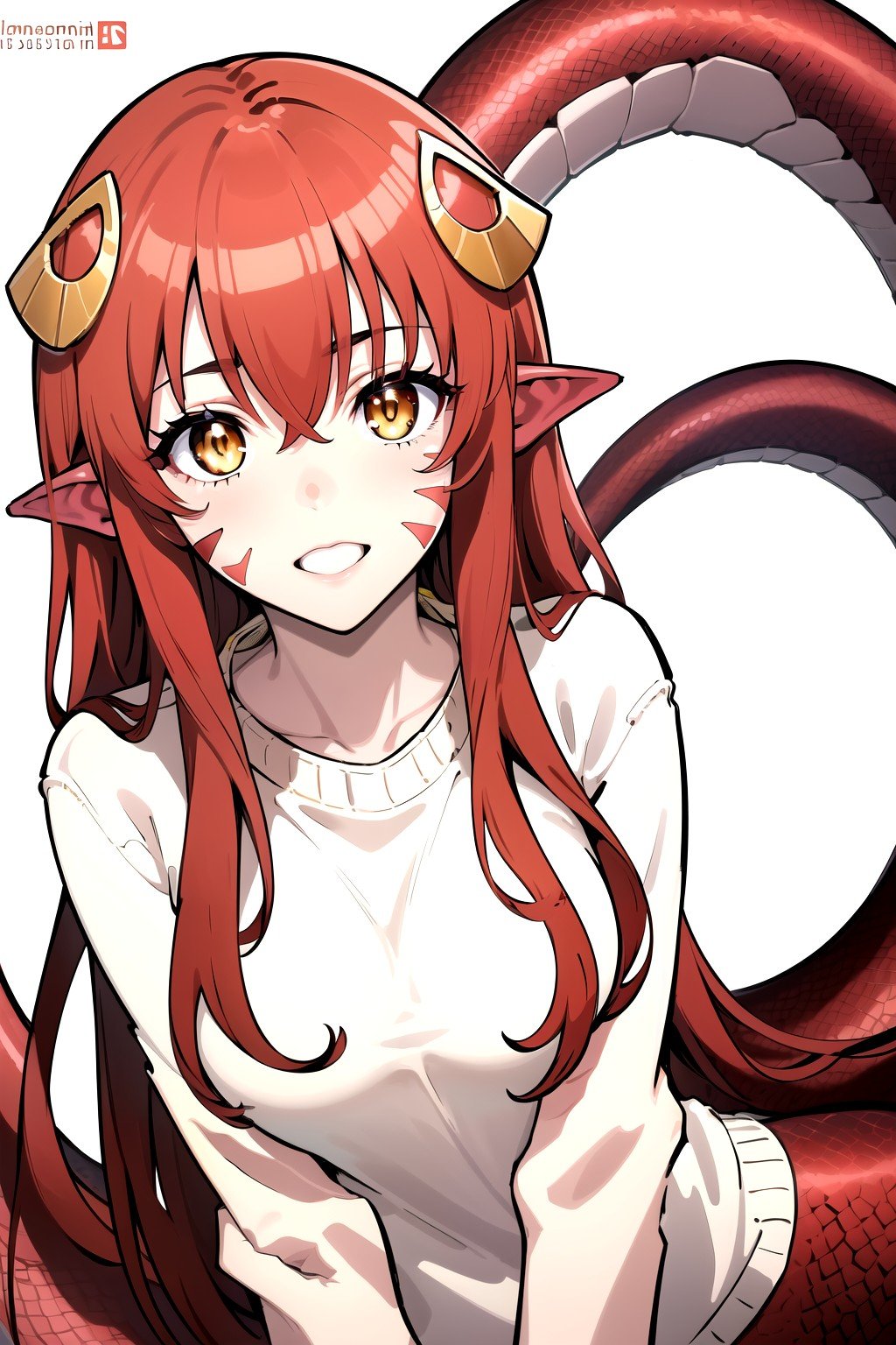 (masterpiece, best quality, highres), 1girl, solo,close-up,miia, miia \(monster musume\), lamia,facial mark, monster girl, hair ornament, pointy ears,yellow eyes, red hair, long hair, slit pupils, white sweater,<lora:miia11:0.7>