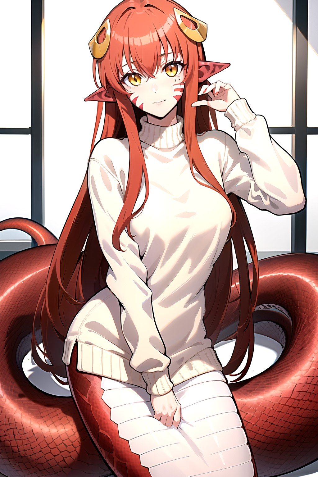 (masterpiece, best quality, highres), 1girl, solo,miia, miia \(monster musume\), lamia,facial mark, monster girl, hair ornament, pointy ears,yellow eyes, red hair, long hair, slit pupils, white sweater,<lora:miia11:0.7>