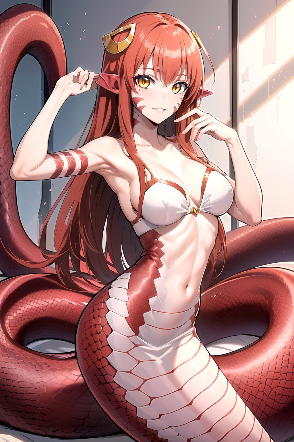 (masterpiece, best quality, highres), 1girl, solo,miia, miia \(monster musume\), lamia,scales, facial mark, monster girl, hair ornament, pointy ears,yellow eyes, red hair, long hair, slit pupils,<lora:miia11:0.7>