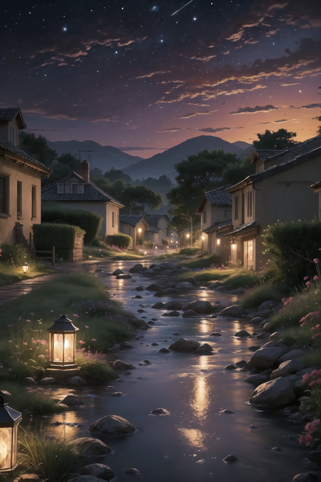Intricate details, cinematic lighting, a small traditional village by the sea, the starry sky fading into night, winding paths, dreamlike atmosphere, colorful starry sky, peaceful atmosphere, country-like atmosphere and no one around, at night The starry sky, the clean and visible Milky Way, the dark red sunset, the sky with a slightly pinkish-purple sunset color, the thin stream running through the small town, the greenery on the bank of the stream is dim, the sky takes up 2/3 of the screen