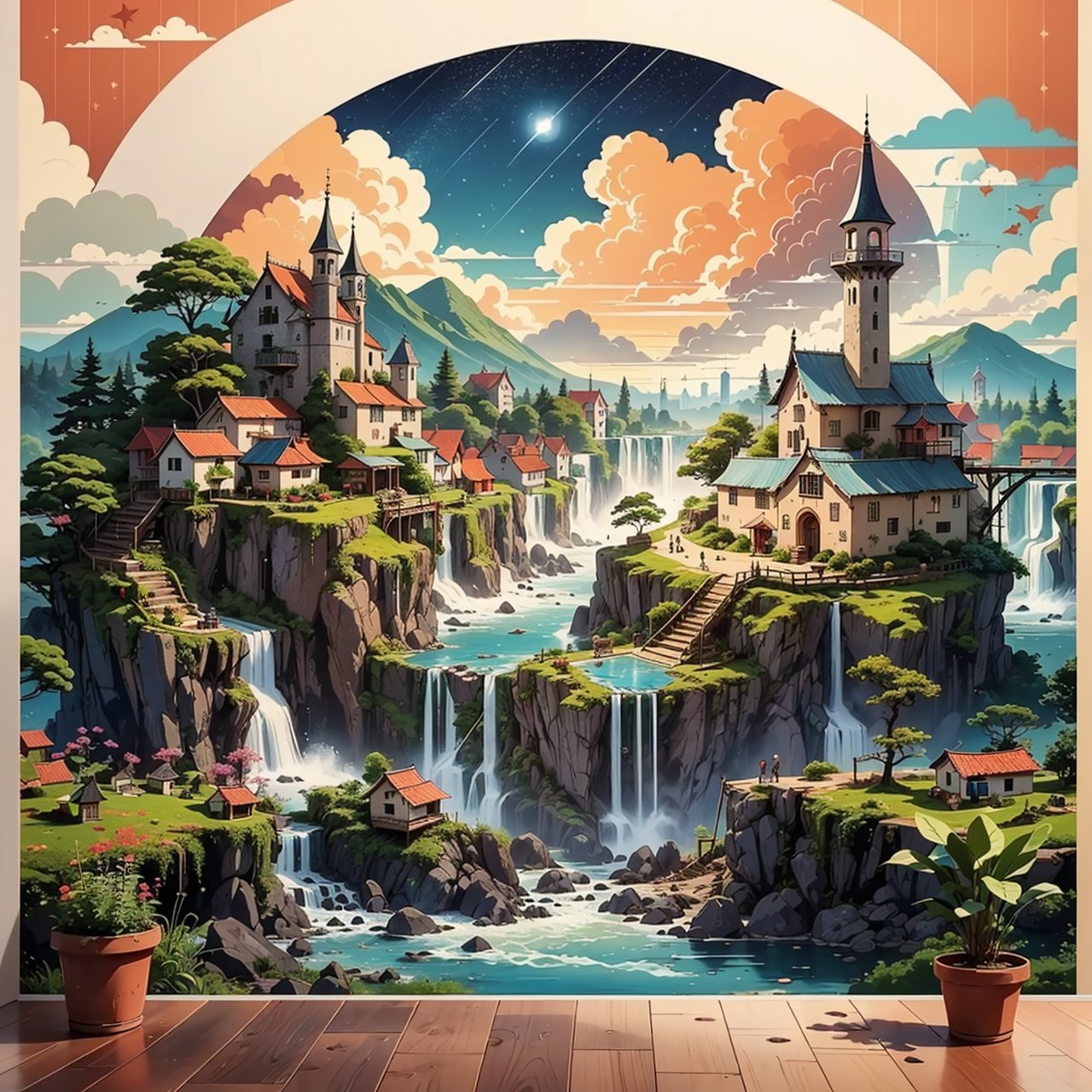 (((beautiful Wallpaper of the view of a afterlife ruined village surrounded by cloud that floating in the sky:1.4))), walled, very populated. view ground to sky, city of angels, isekai,Epic Land in the sky and a river and ((waterfall:1.4)) and ((lake)), ((night)), (((sky full star:1))), Landscape, fantasy, holism, pexels, pinterest, stock photo, shutterstock, picture, behance, tilt shift photo, jigsaw puzzle, ecological art, Solarpunk, Solarpunk, microscopic photos,, environmental art, color field, Basawan, Parable, Architectural, over-rice, unsplash, Triangulation, Food Art,
Add More Details, no human,genshin impact,4esthet1c