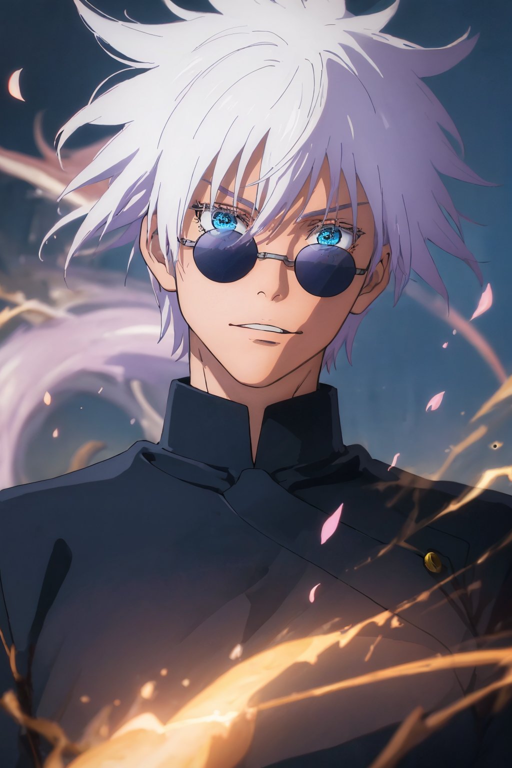 (best quality,4k,8k,highres,masterpiece:1.2),ultra-detailed,(realistic,photorealistic,photo-realistic:1.37),jujutsu Kaisen, Satoru Gojo, intense gaze,fierce expression,dark purple shirt,bright white hair,curly hair,wide-brimmed hat,exclusive black sunglasses,multiple piercing eyes,striking presence,wide grin,strong facial features,aura of power,lit glow behind sunglasses,action-packed scene,anime portraiture,sharp focus,expressive brushstrokes,vibrant colors,contrasting tones,magical energy,electric blue atmosphere,mysterious dark background+lightning,controlled chaos,spellbinding charisma,shimmering crimson domain,dynamic movement,hovering sakura petals,evocative lighting,mesmerizing power,eye-catching visual spectacle