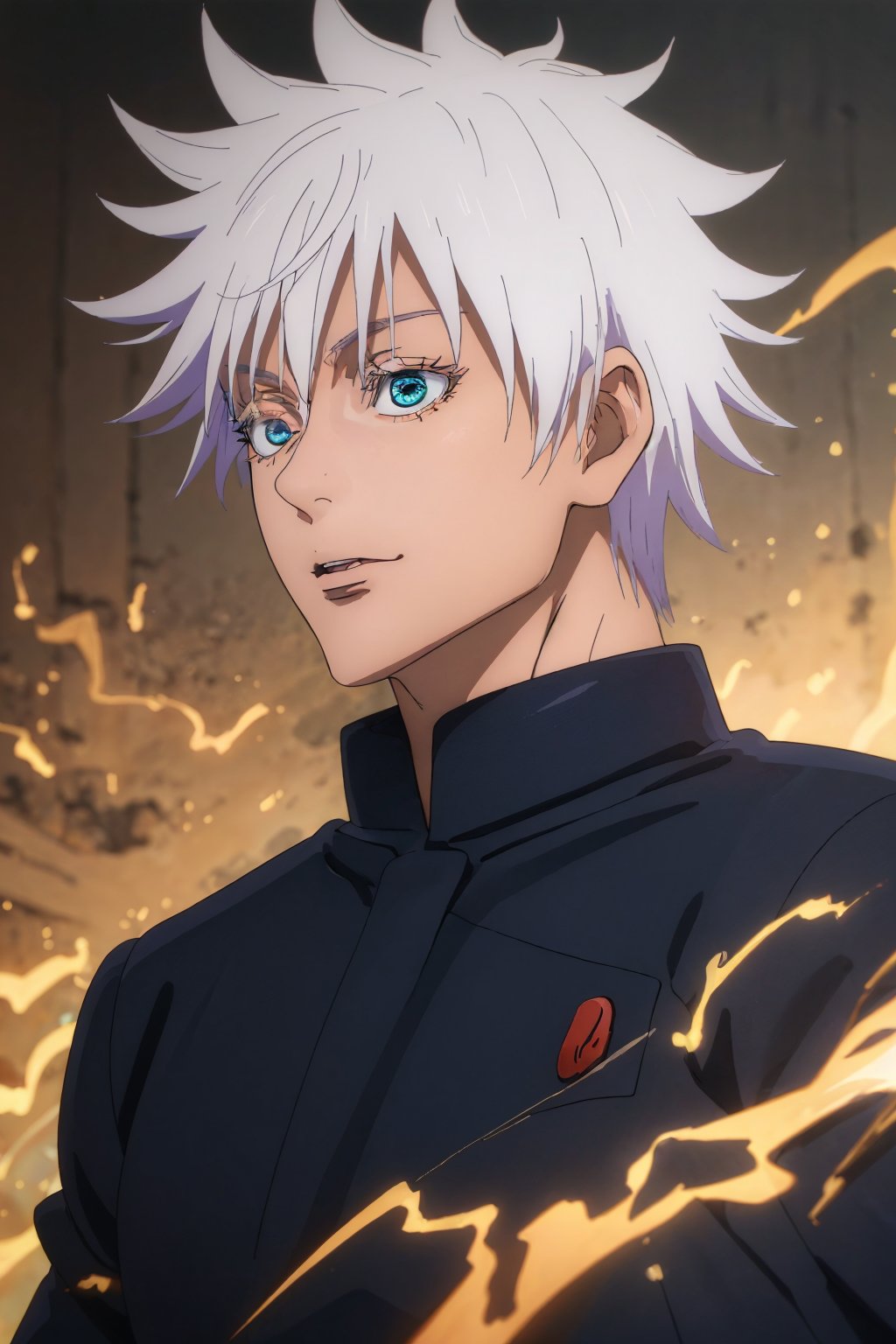 (best quality,4k,8k,highres,masterpiece:1.2),ultra-detailed,(realistic,photorealistic,photo-realistic:1.37),jujutsu Kaisen,Satoru Gojo,skilled,invincible,confident,serious expression,powerful eyes,colorful robe,wrapping bandages,curly hair,striking personality,controlled cursed energy,bright blue glow,action pose,exuding aura of power,background of swirling cursed energy,artistic portrait,anime style,vibrant colors,dynamic lighting